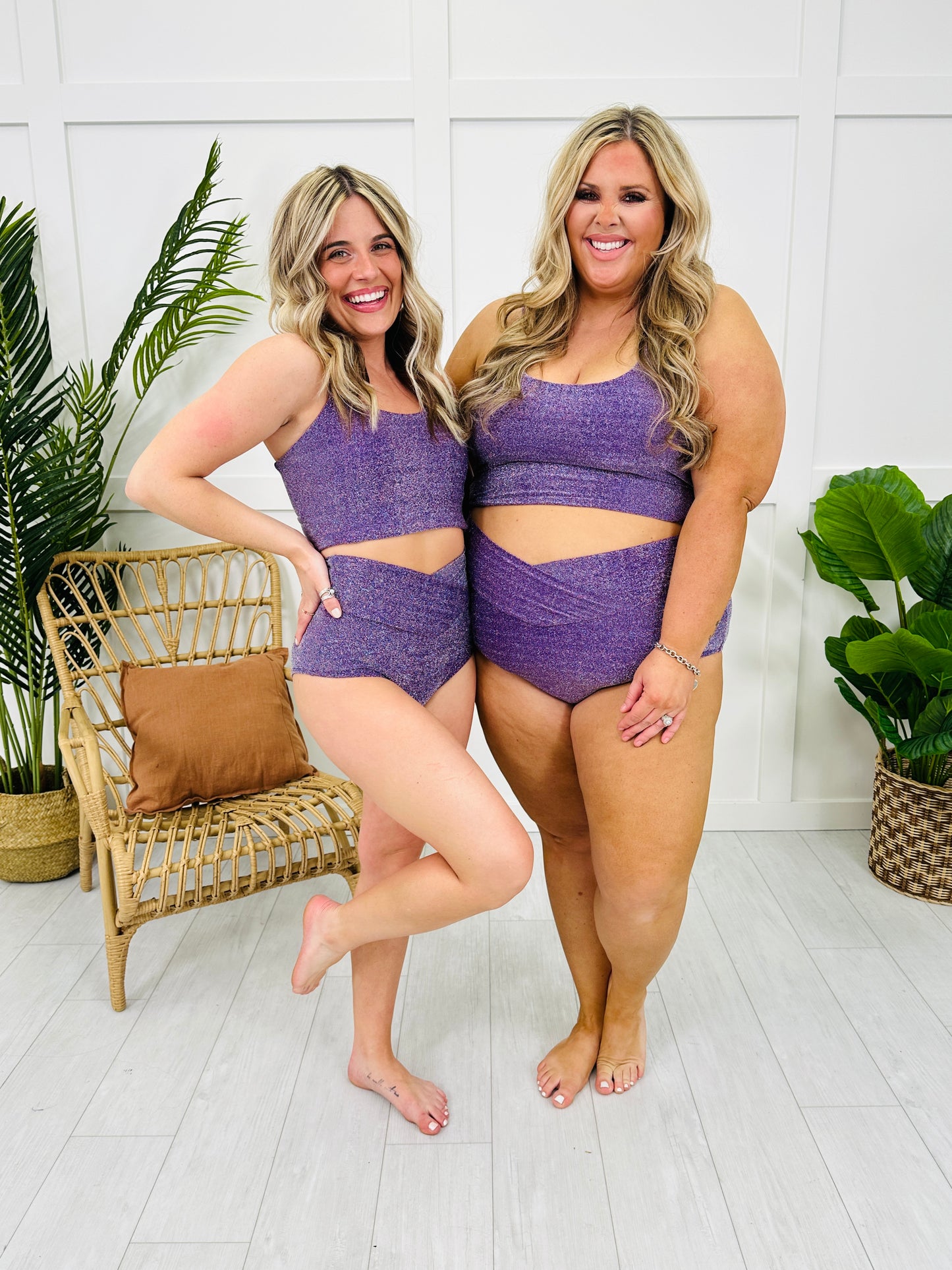 High Waisted V-Cut Swim Bottoms in Purple Shimmer