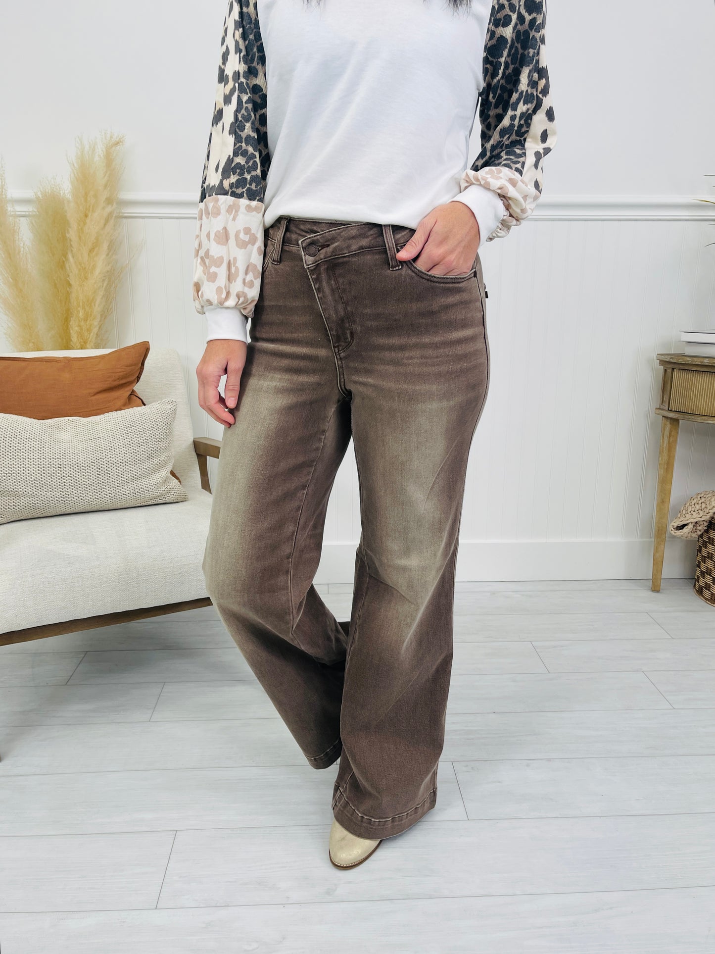 Judy Blue Cocoa Crush Retro Wide Leg Criss-Cross Jeans