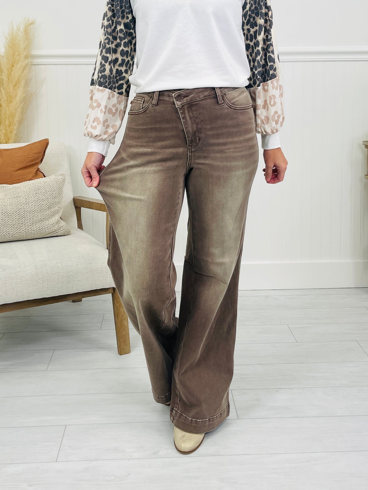 Judy Blue Cocoa Crush Retro Wide Leg Criss-Cross Jeans