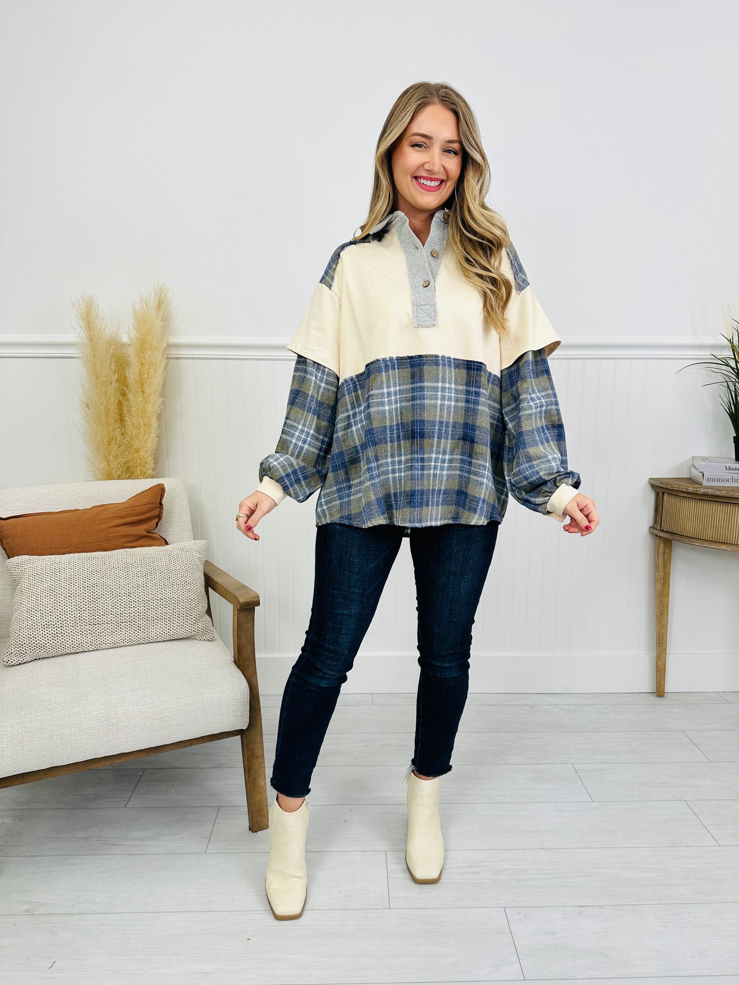 Plaid Replies Only Pullover in Cream Blue