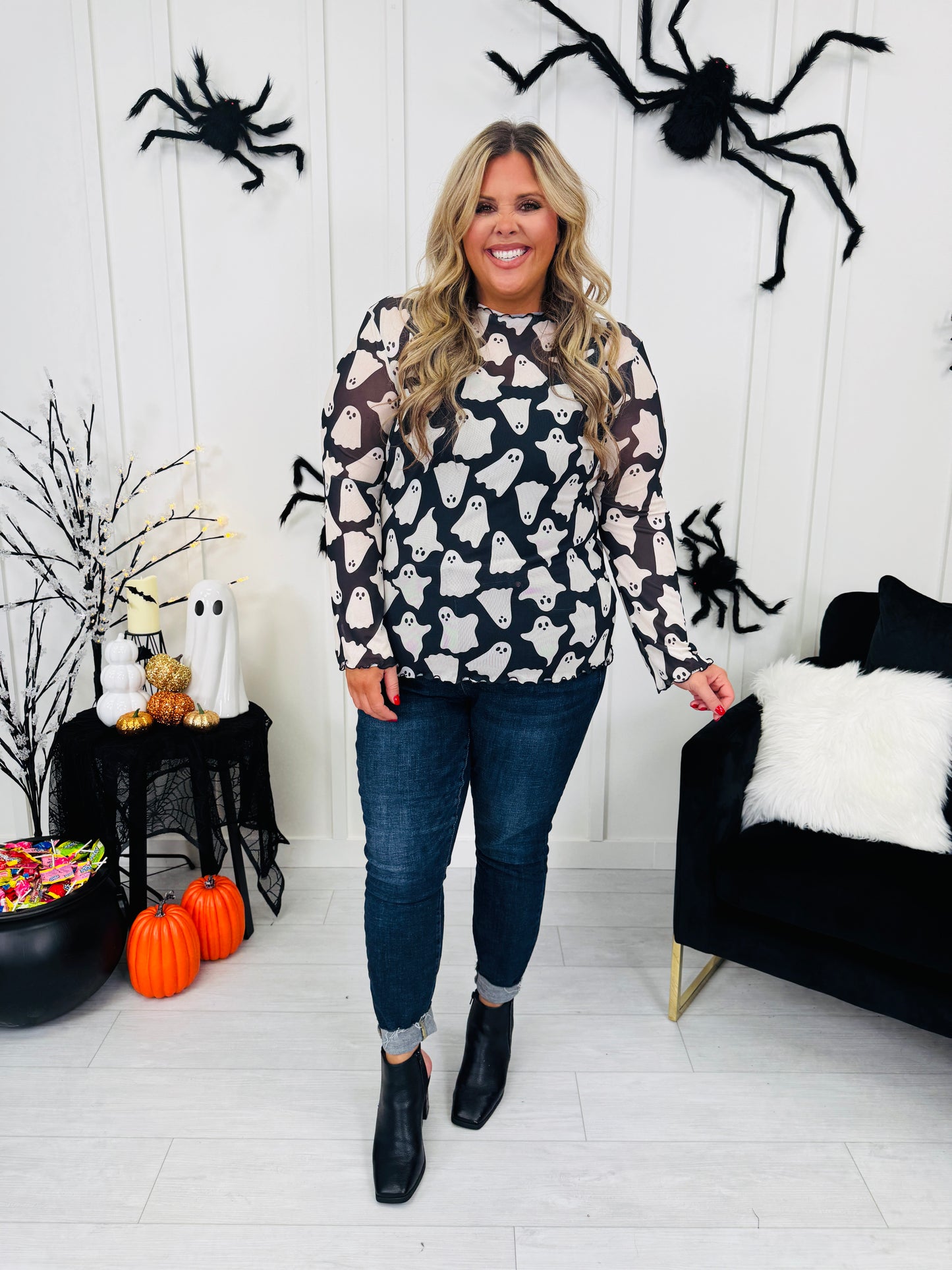 Spooky Things Mesh Top In Ghost Print
