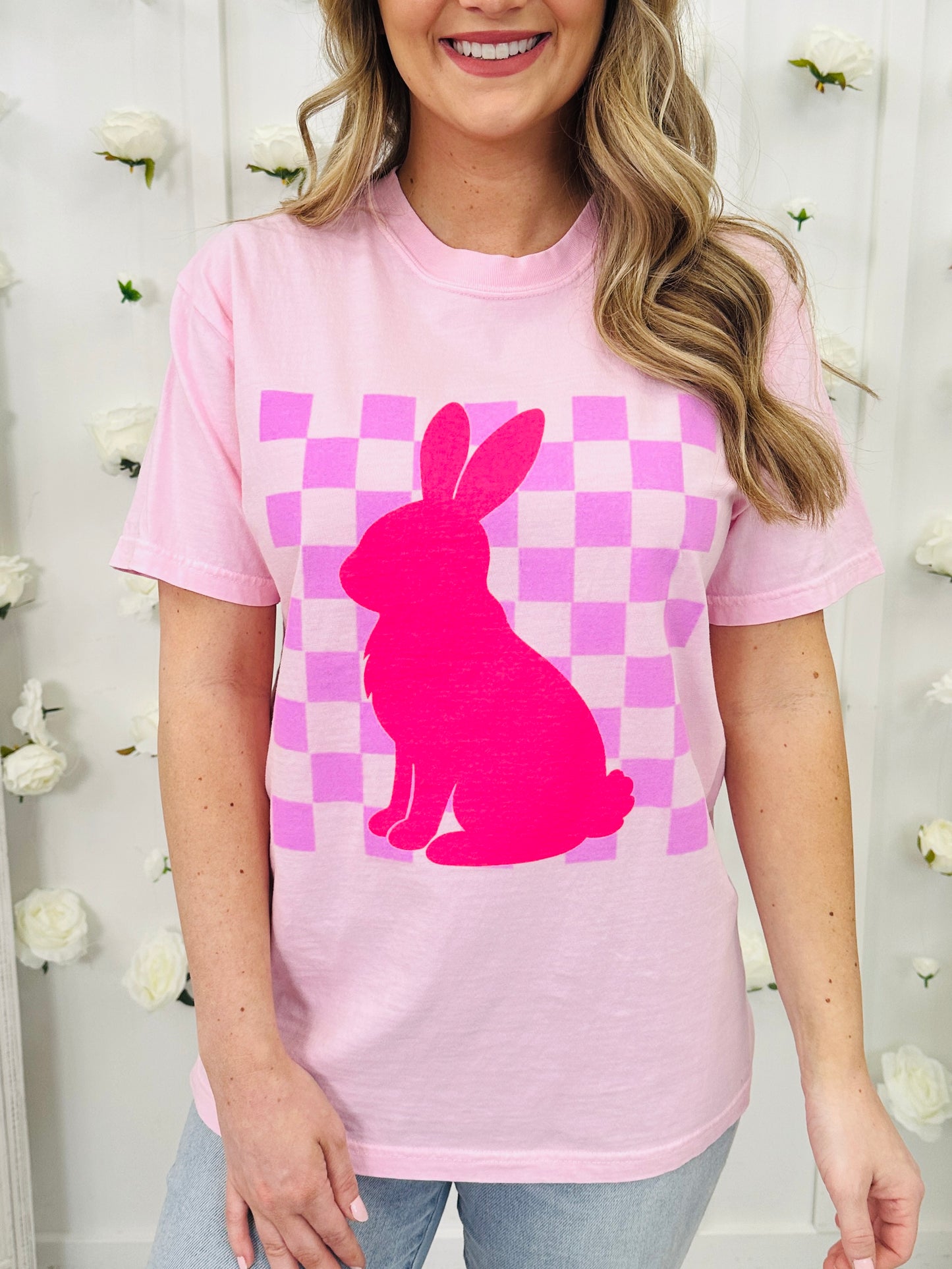 Checkered Bunny Graphic Tee-Multiple Colors