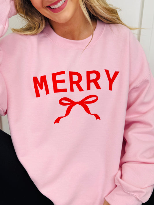 Merry With Ribbon Graphic Crewneck Sweatshirt