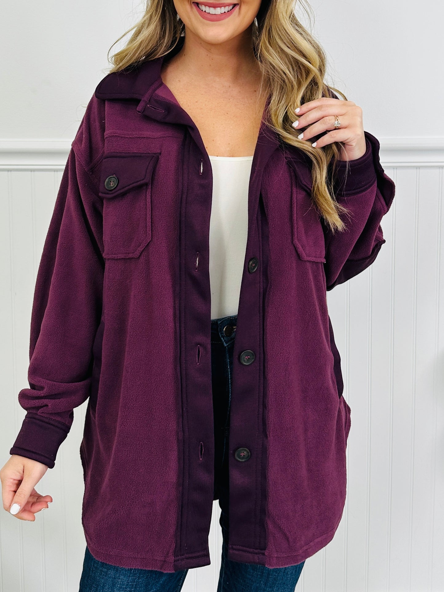 DOORBUSTER! Breezy Commute Shacket in Eggplant