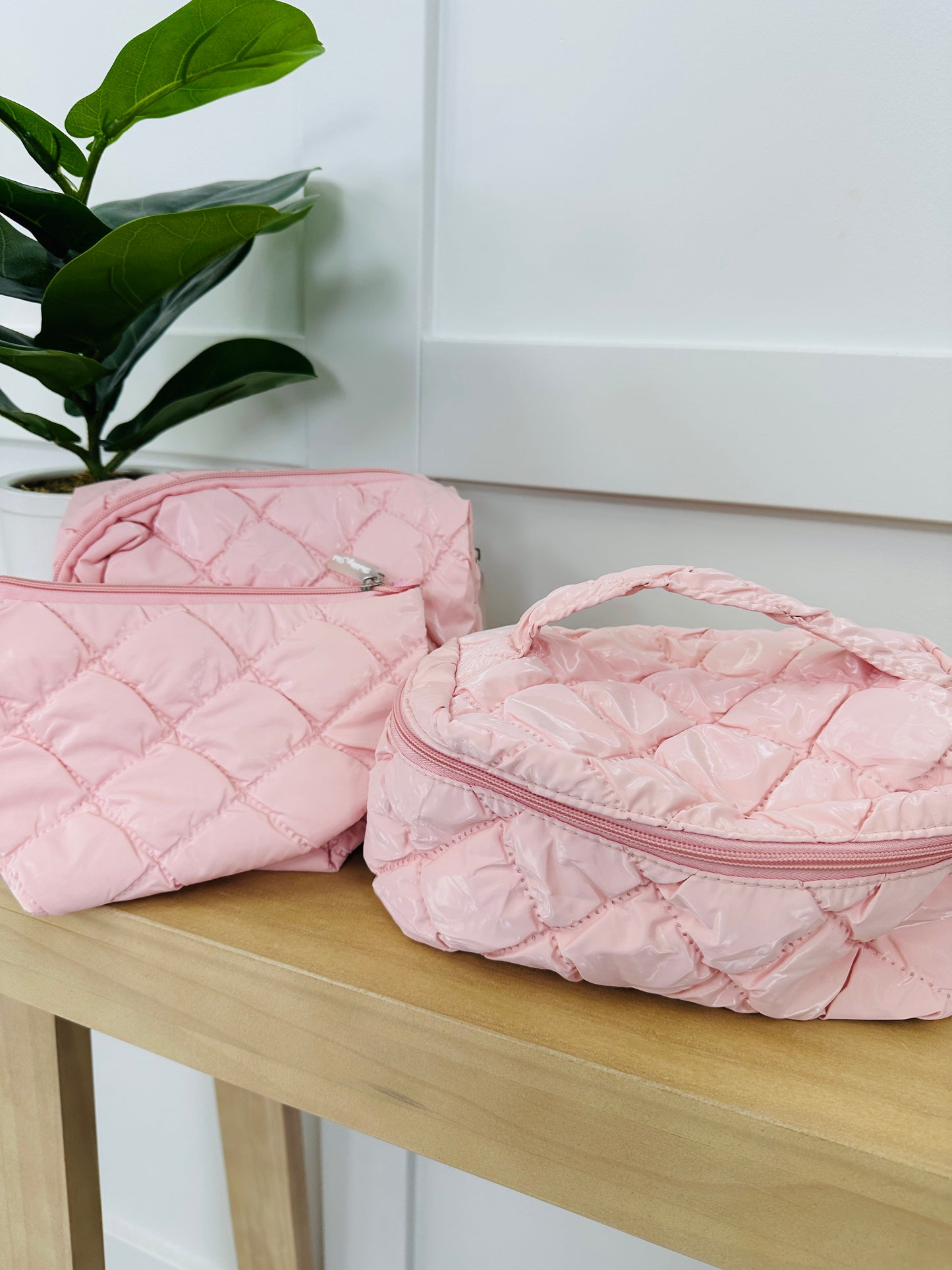 Pink Quilted Makeup Bag Set