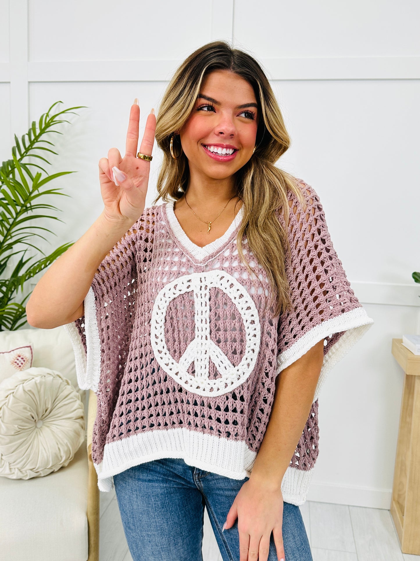 It Begins With Peace Sweater In Dusty Rose/Ivory