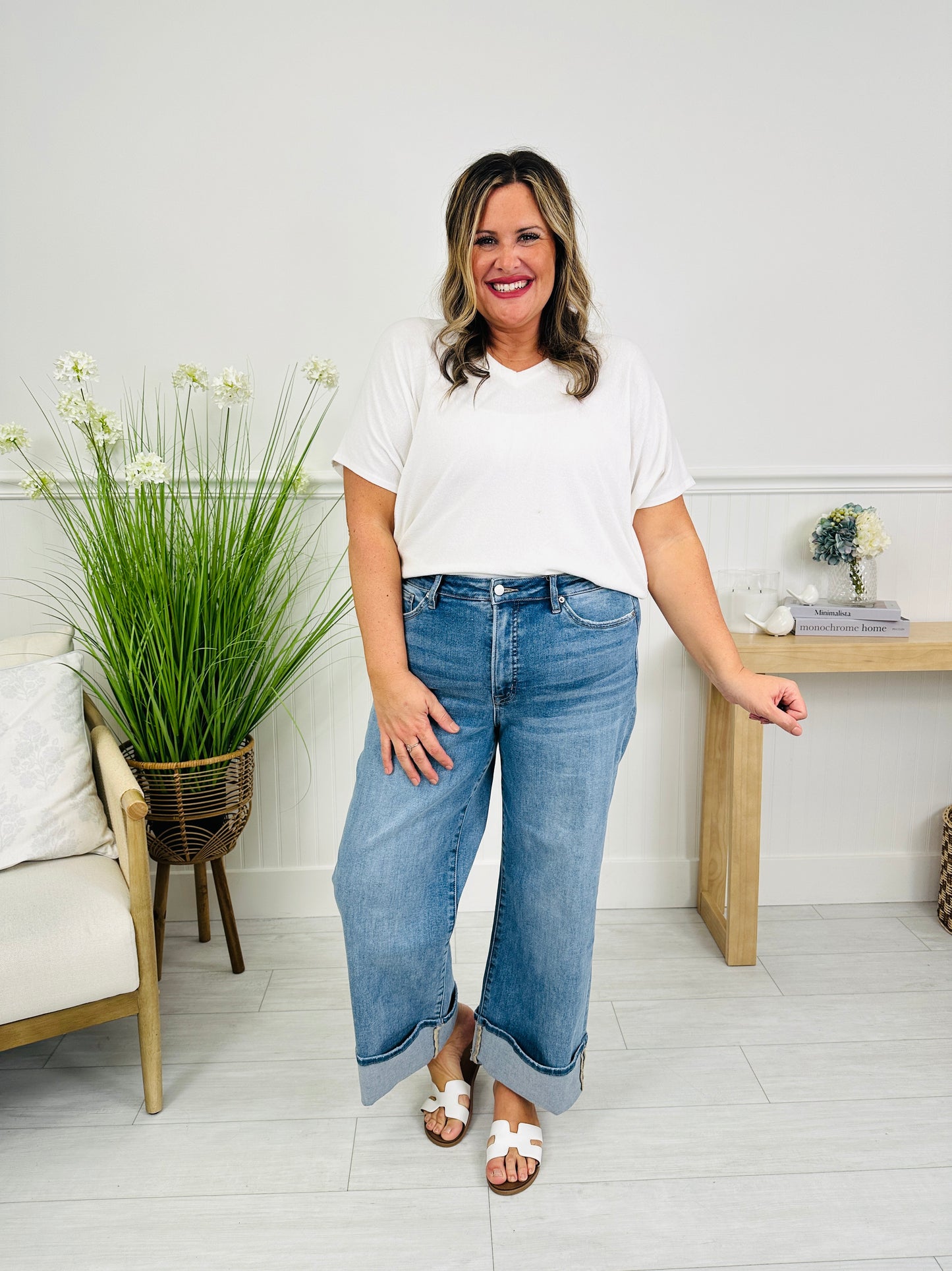 Off The Cuff Wide Leg Cuffed Tummy Control Cropped Jeans