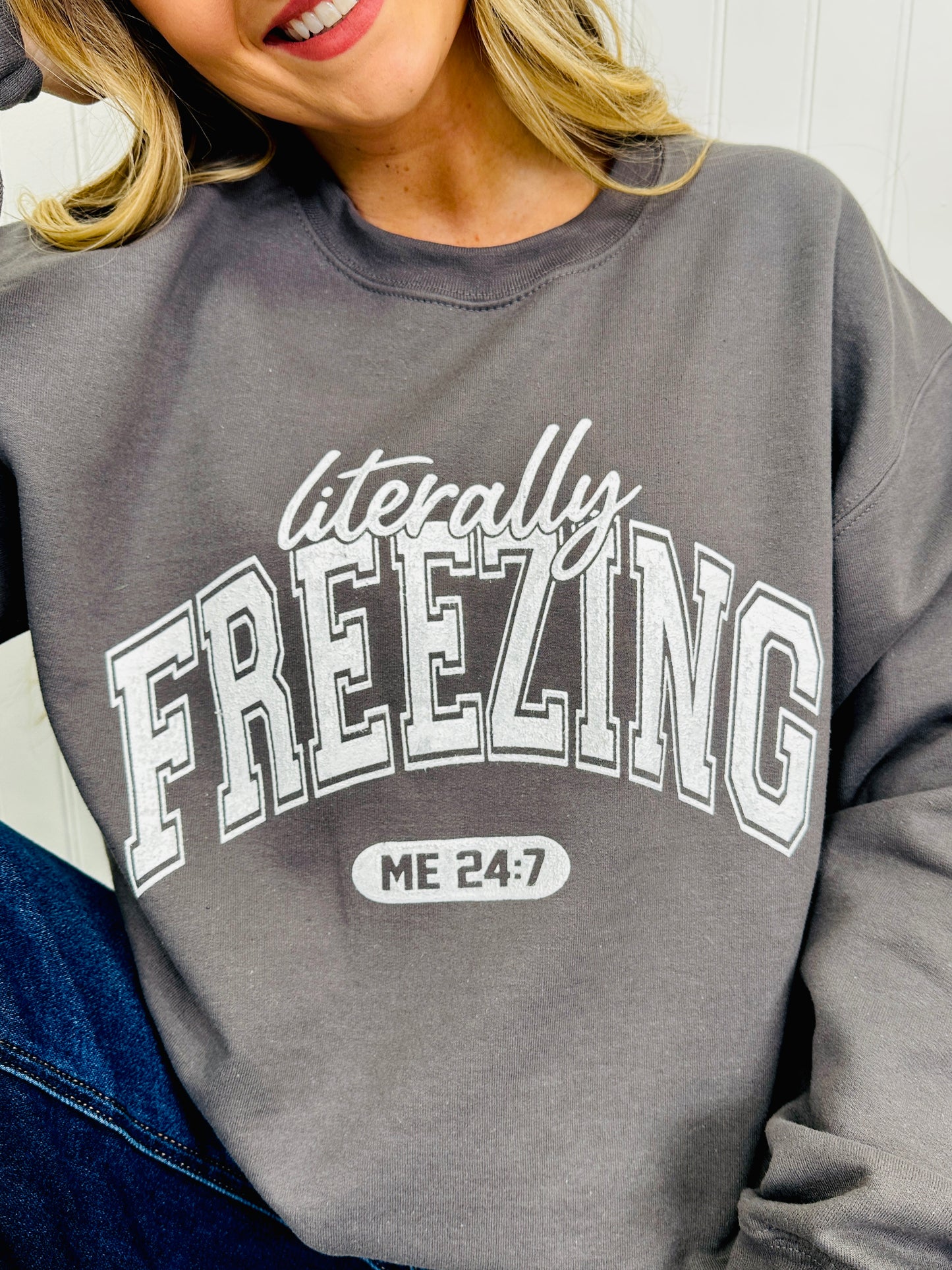 Literally Freezing Graphic Crewneck Sweatshirt In Charcoal