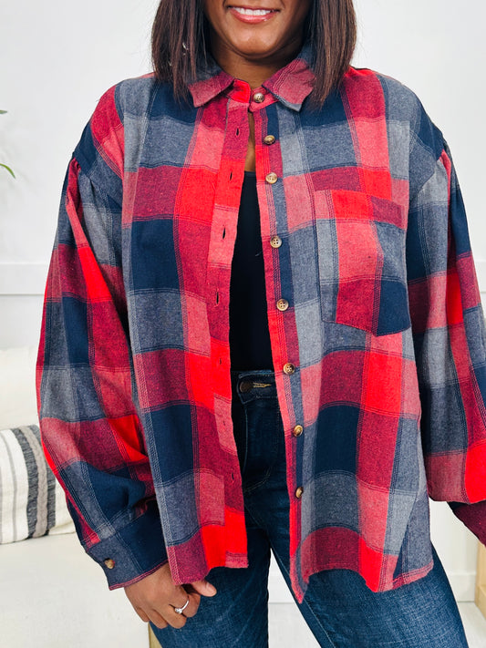 Meet Me At The Bonfire Flannel in Red/Navy