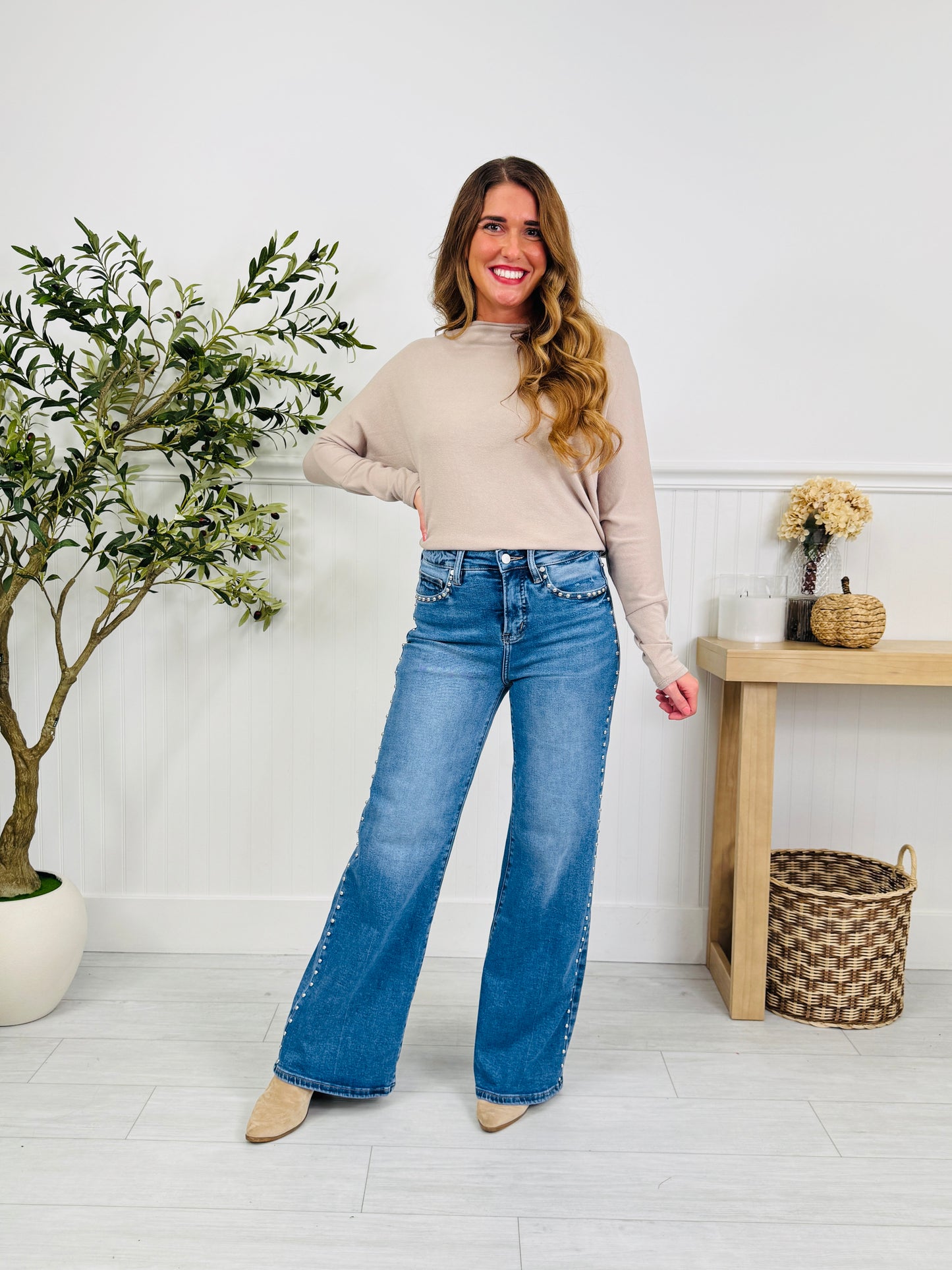 Studded & Styled Tummy Control Wide Leg Jeans