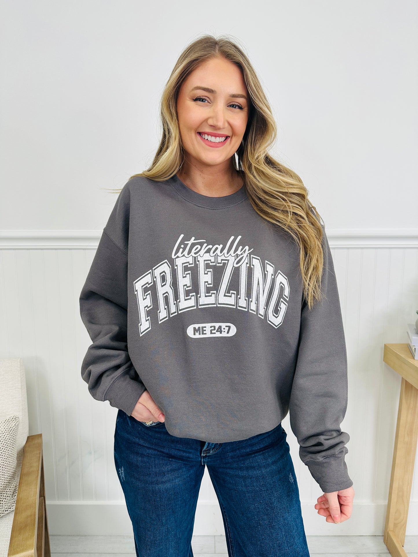 Literally Freezing Graphic Crewneck Sweatshirt In Charcoal