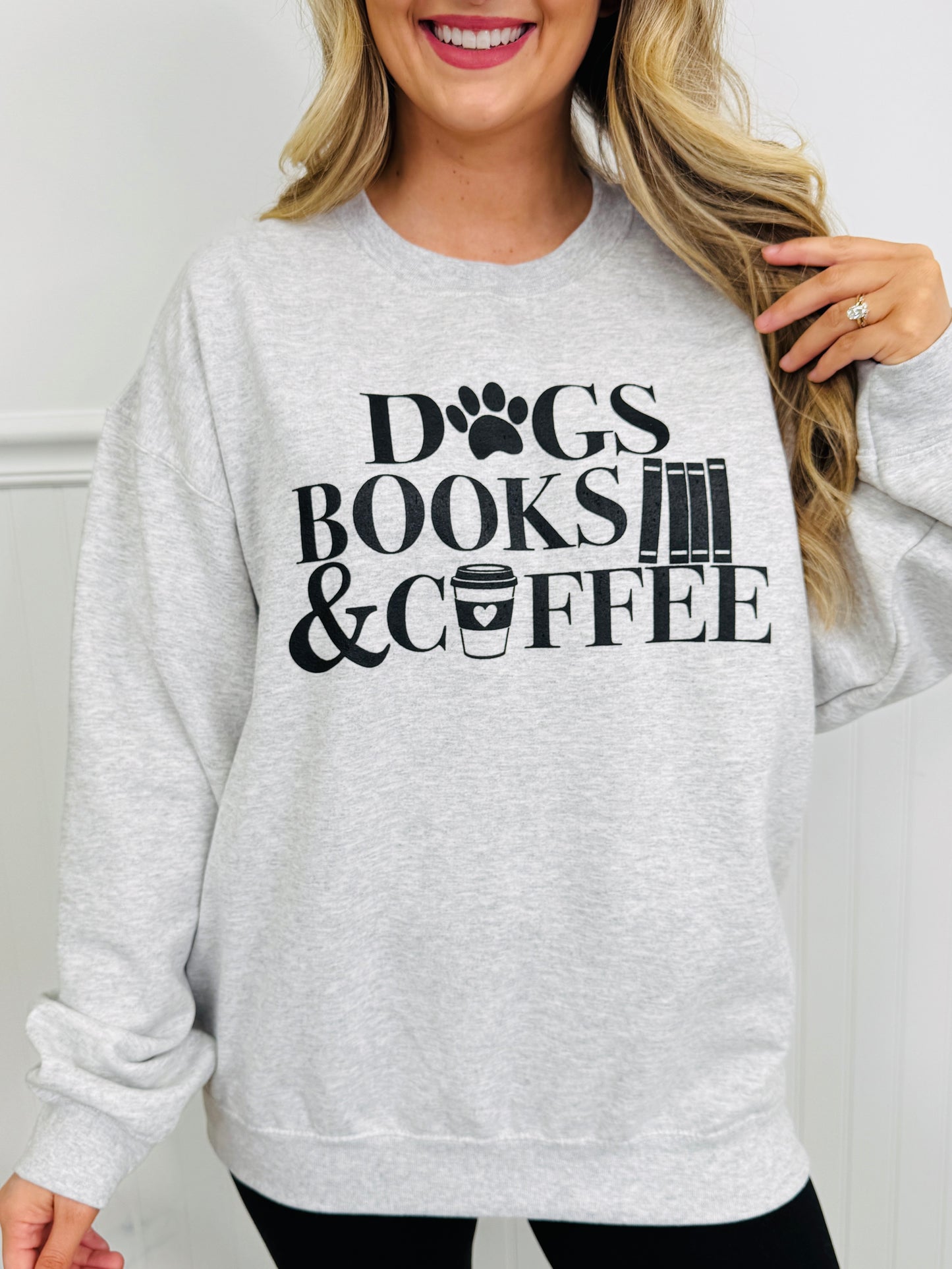Dogs Books & Coffee Graphic Crewneck Sweatshirt