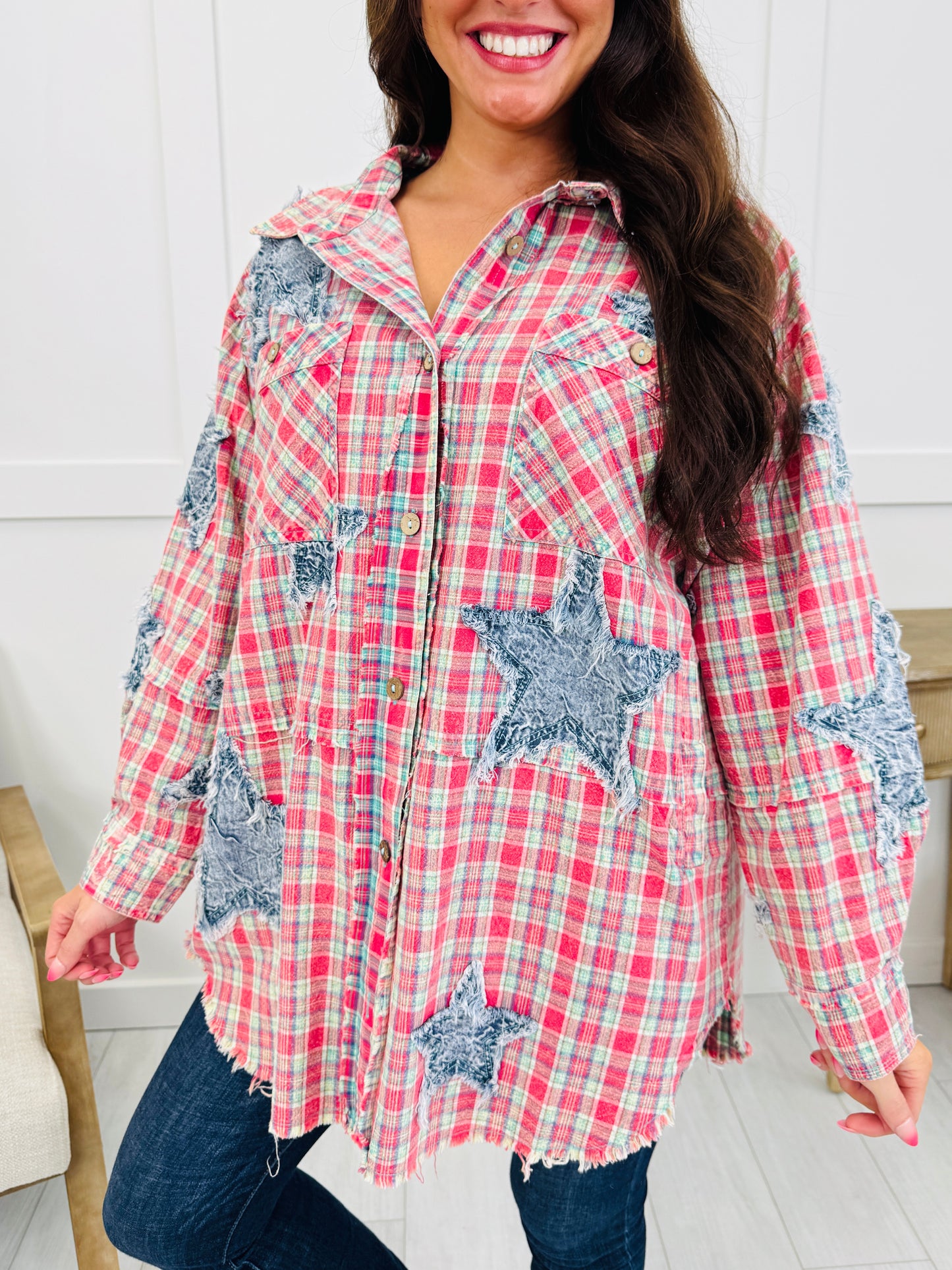 Main Street Plaid Shacket In Red