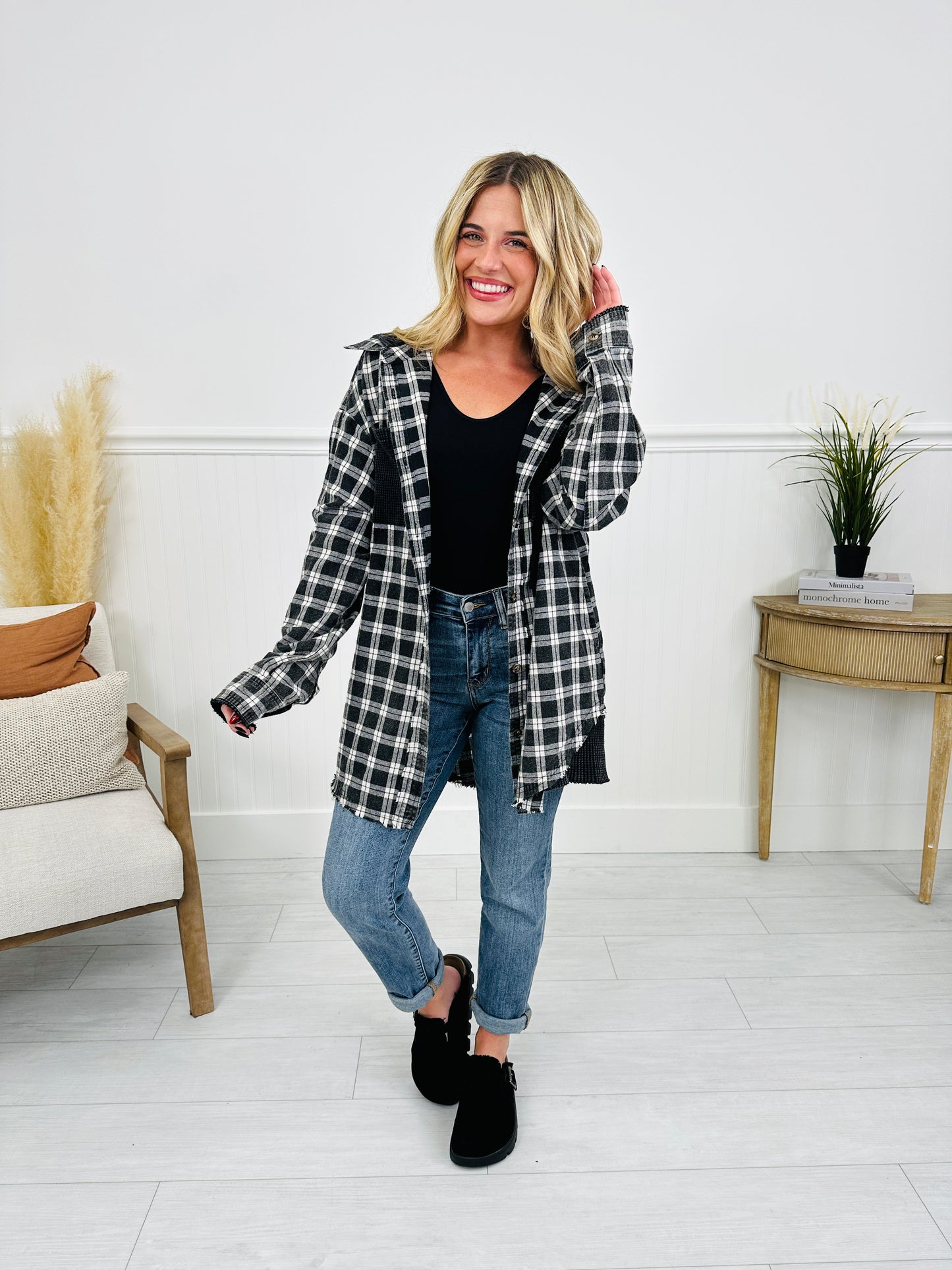 Falling For Flannel Hooded Shacket in Black