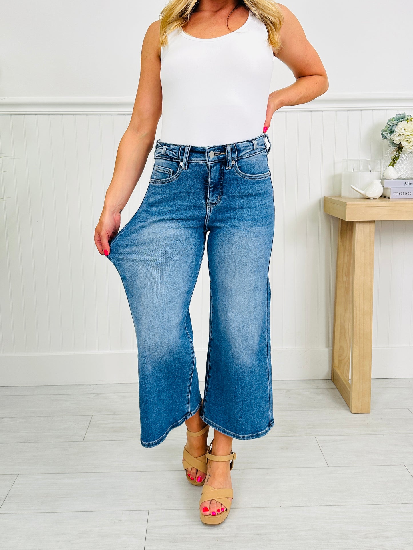 Put a Bow On It Tummy Control Wide Leg Cropped Jeans