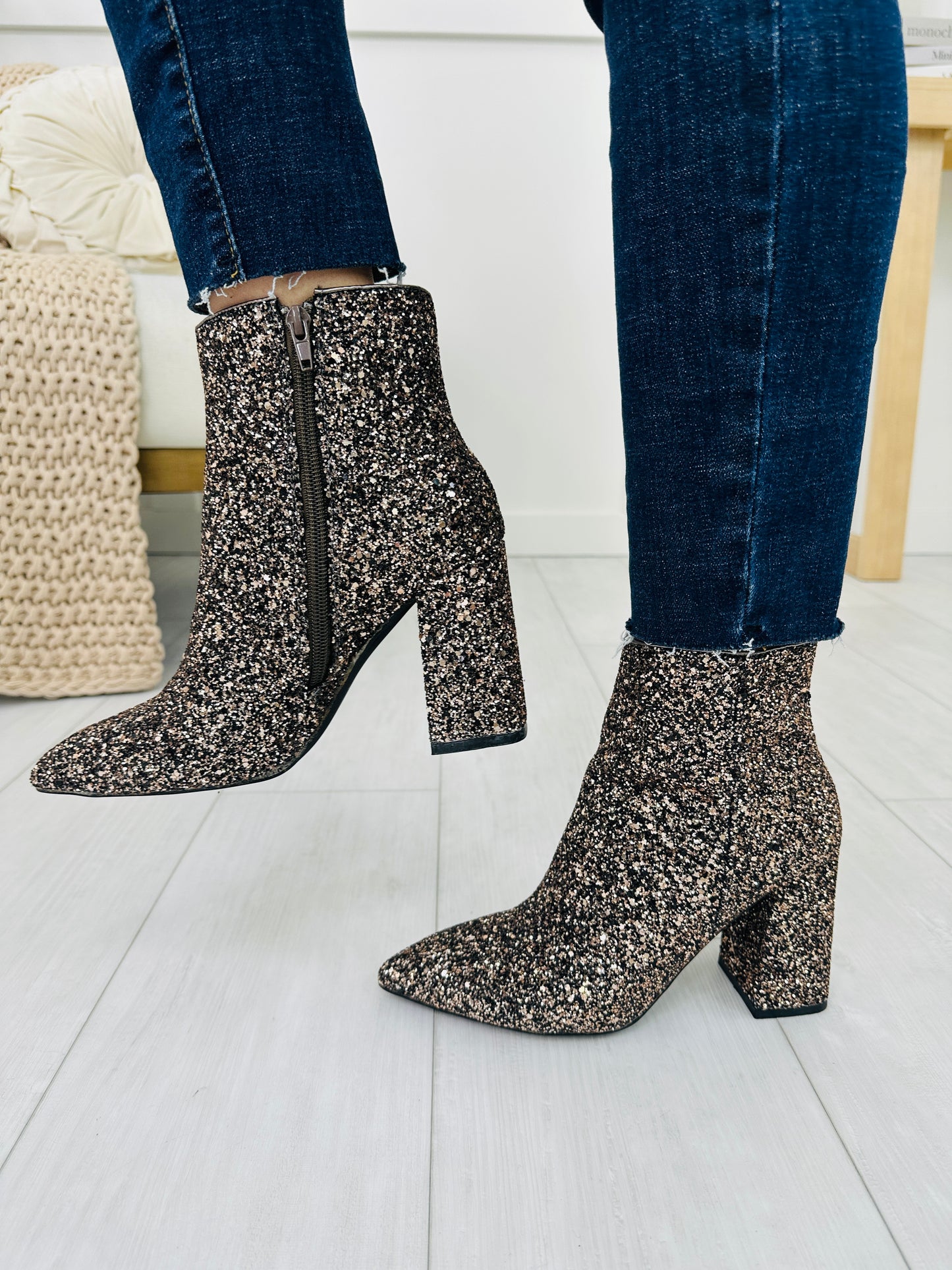 Glam Chain Booties In Pewter Glitter