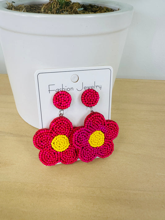 Pink Daisy Beaded Earrings