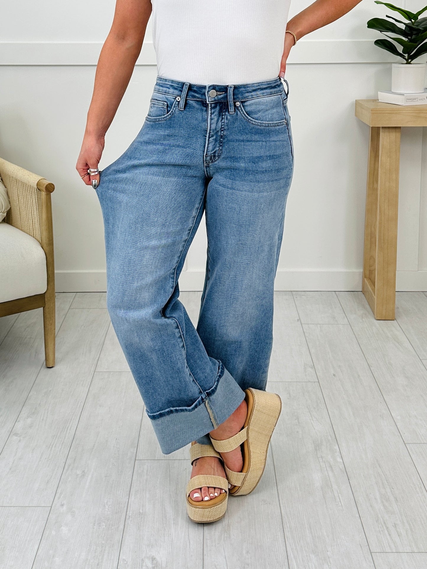 Off The Cuff Wide Leg Cuffed Tummy Control Cropped Jeans