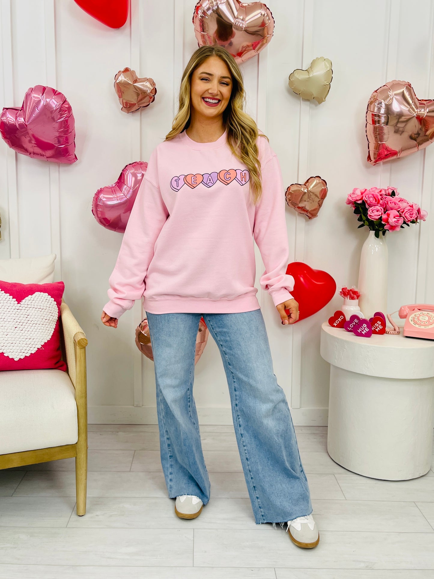 Teach Candy Hearts Graphic Crewneck Sweatshirt