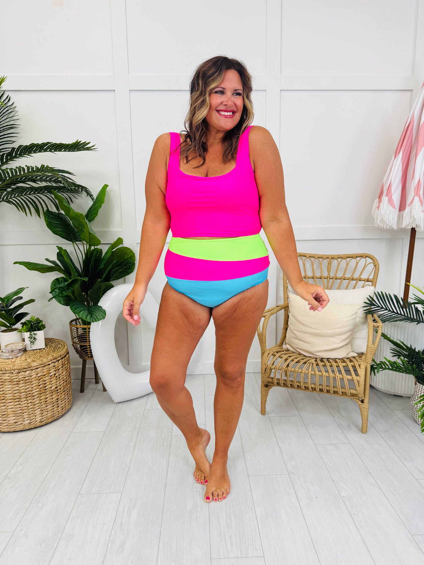 Ultra High Waisted Swim Bottoms in Bright Stripes