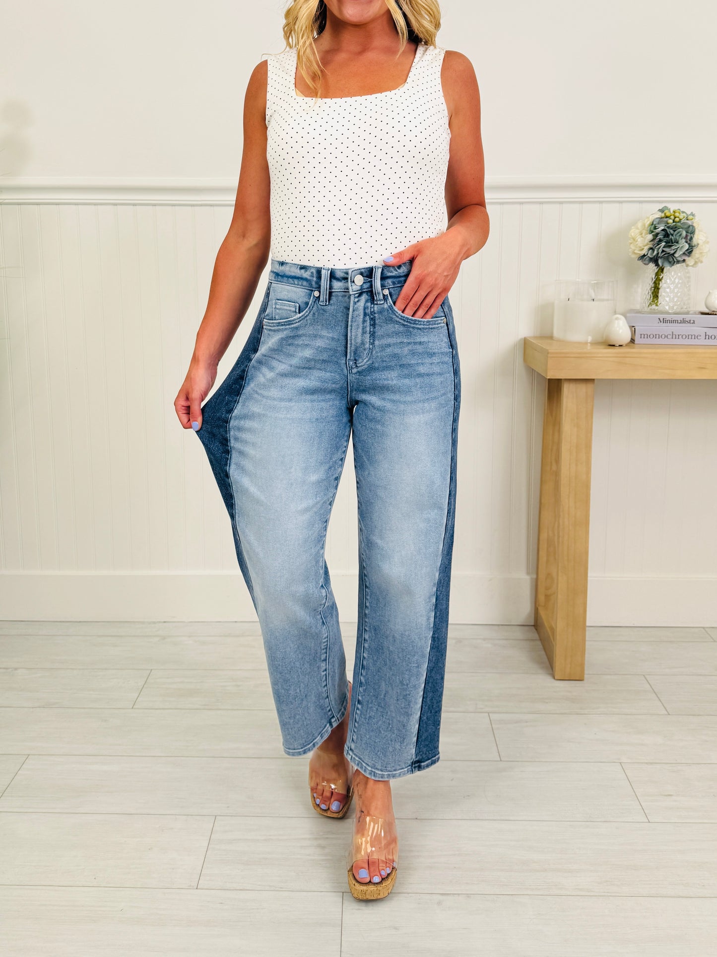 Two Tone Moment Tummy Control Slim Barrel Jeans