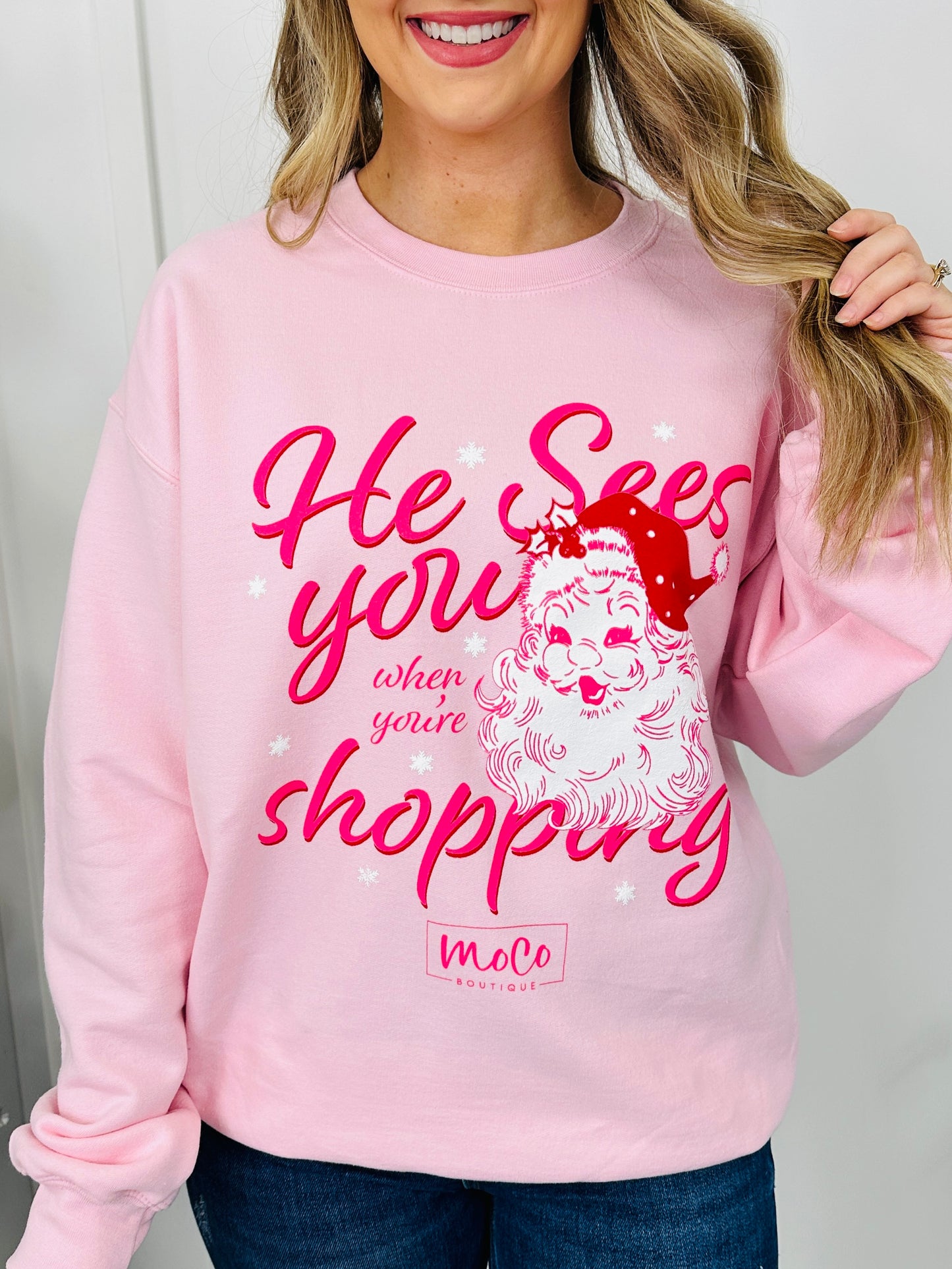 He Sees You Shopping Graphic Crewneck Sweatshirt