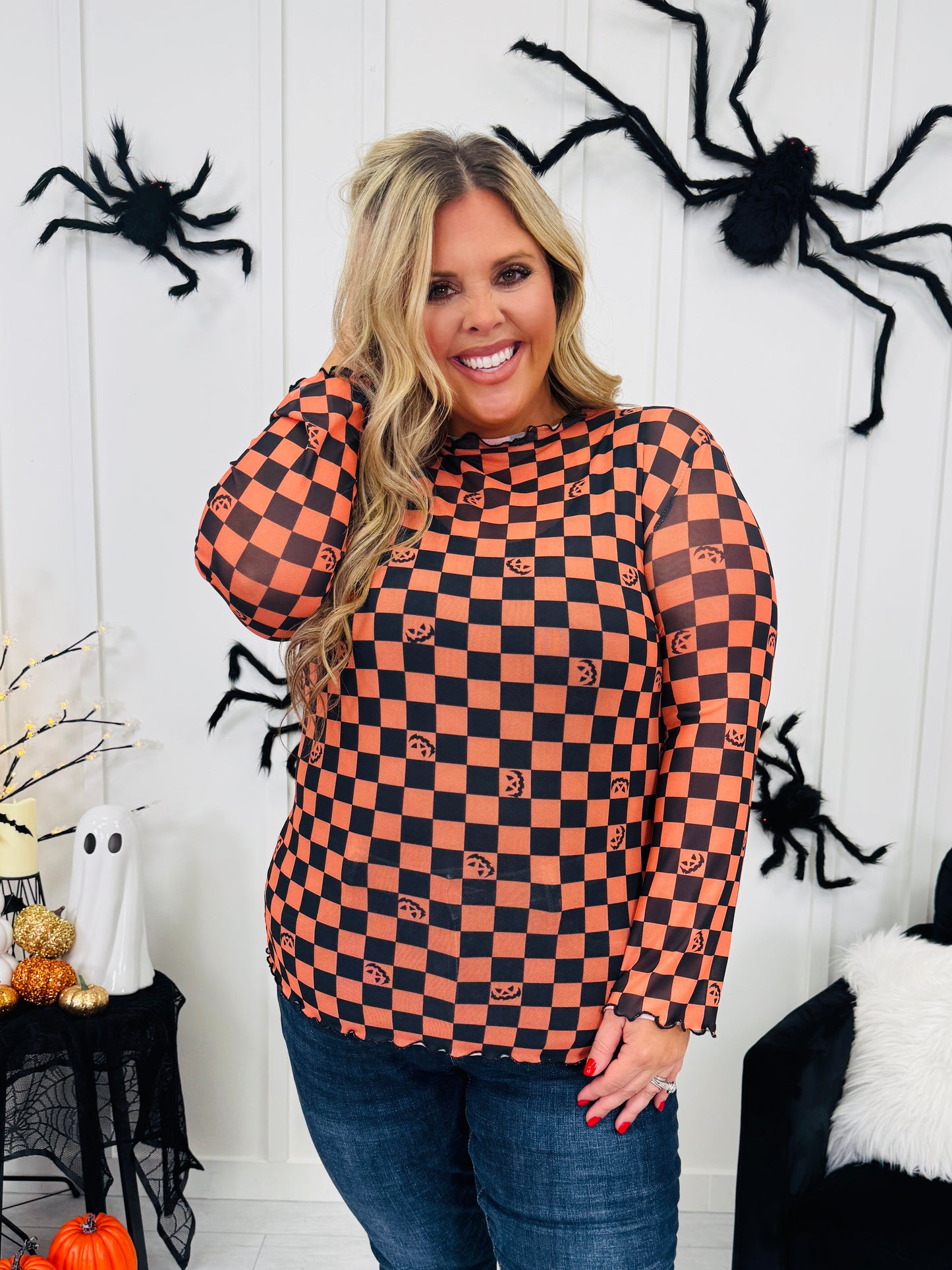 Spooky Things Mesh Top In Checkered Print