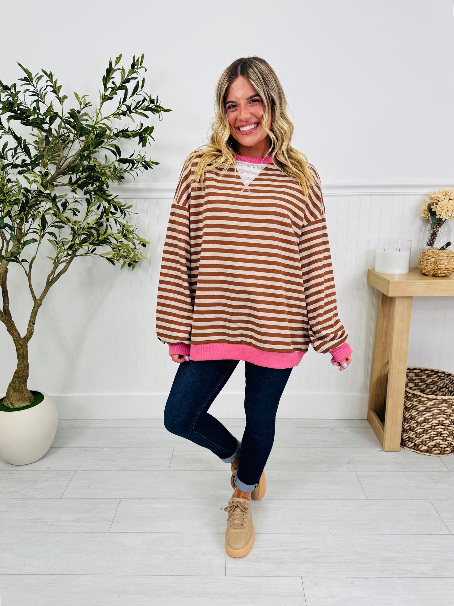 Stripe Story Pullover In Taupe