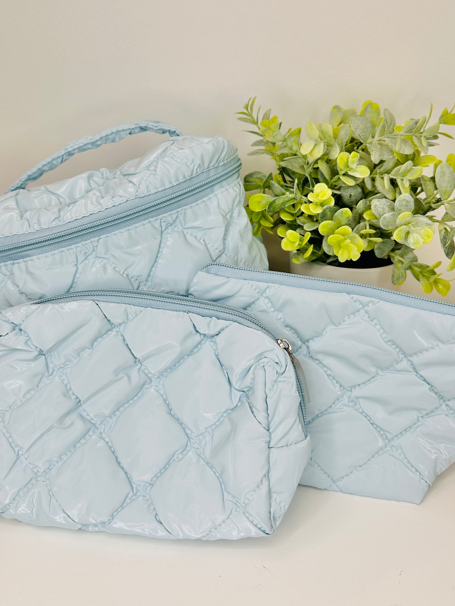 Sky Blue Quilted Makeup Bag Set