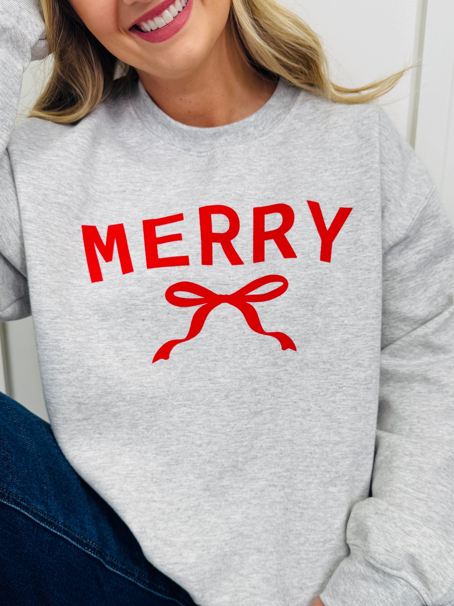 Merry With Ribbon Graphic Crewneck Sweatshirt