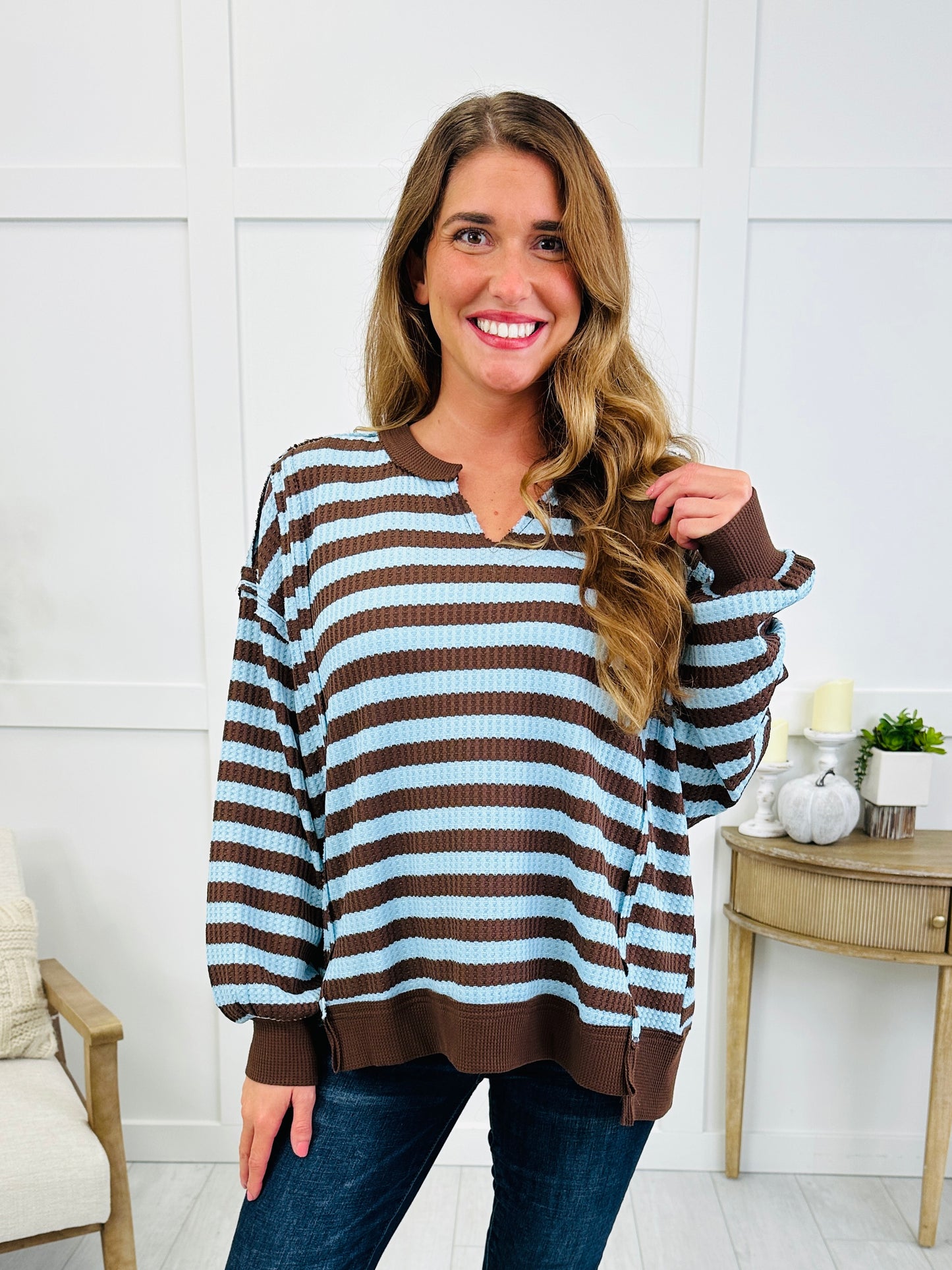 Easy Street Stripe Top In Mocha Blue