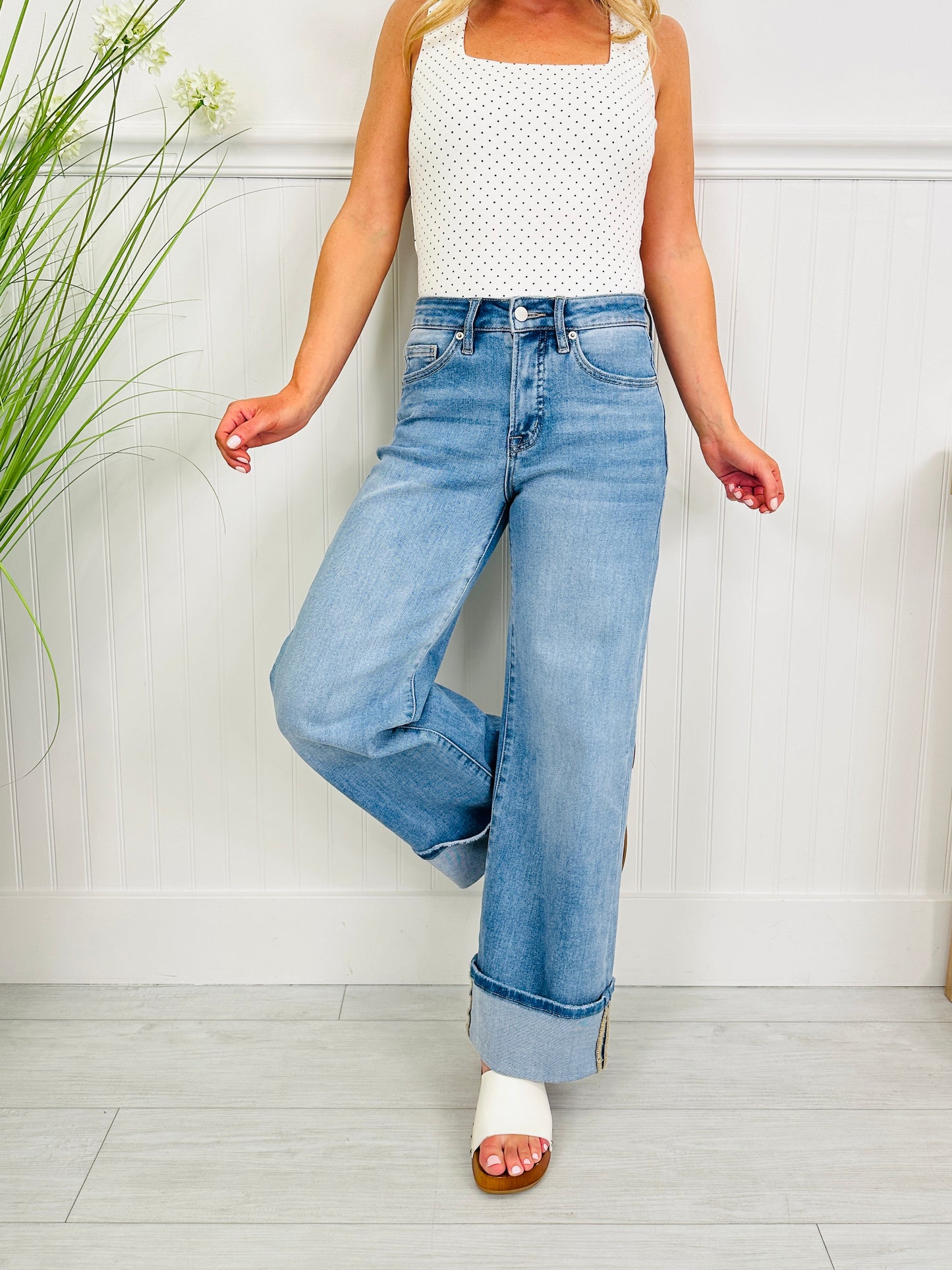 Off The Cuff Wide Leg Cuffed Tummy Control Cropped Jeans