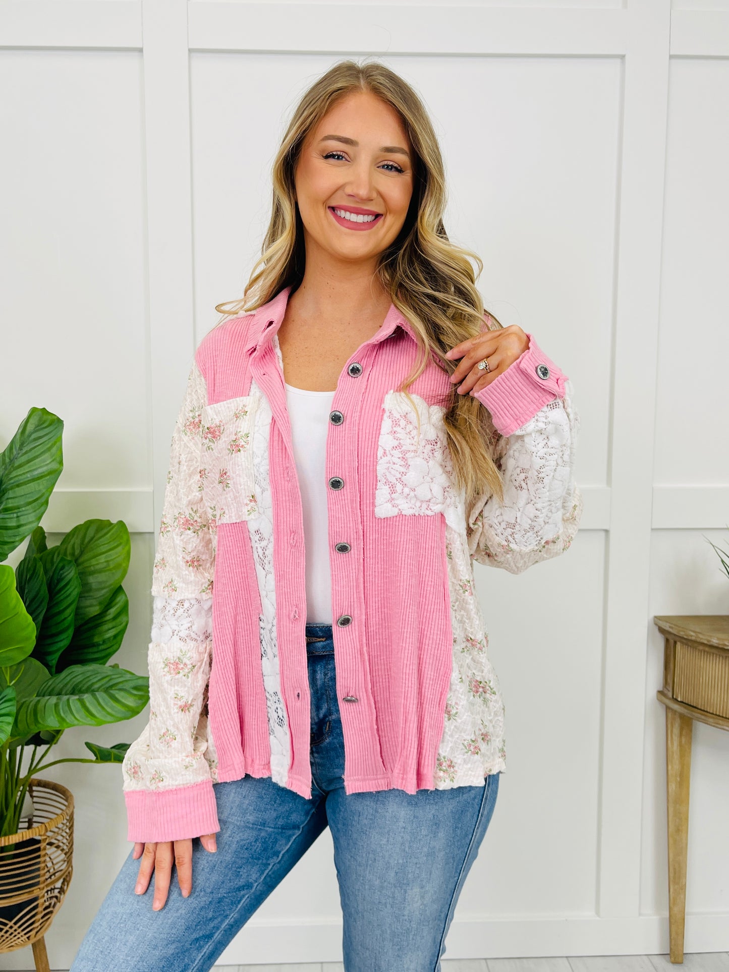 Wildflower Stitch Shacket In Pink