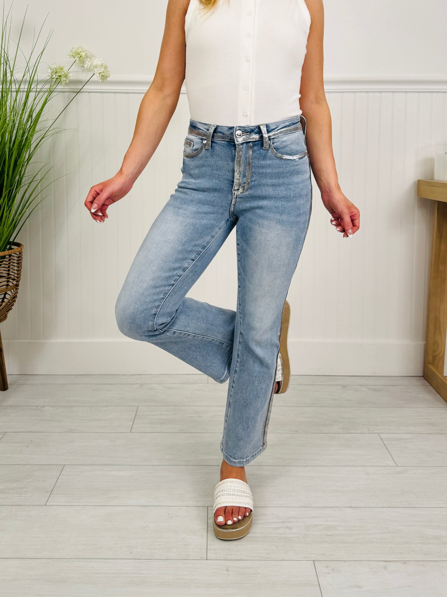 Judy Blue Metallic Moment Kick Flare Jeans