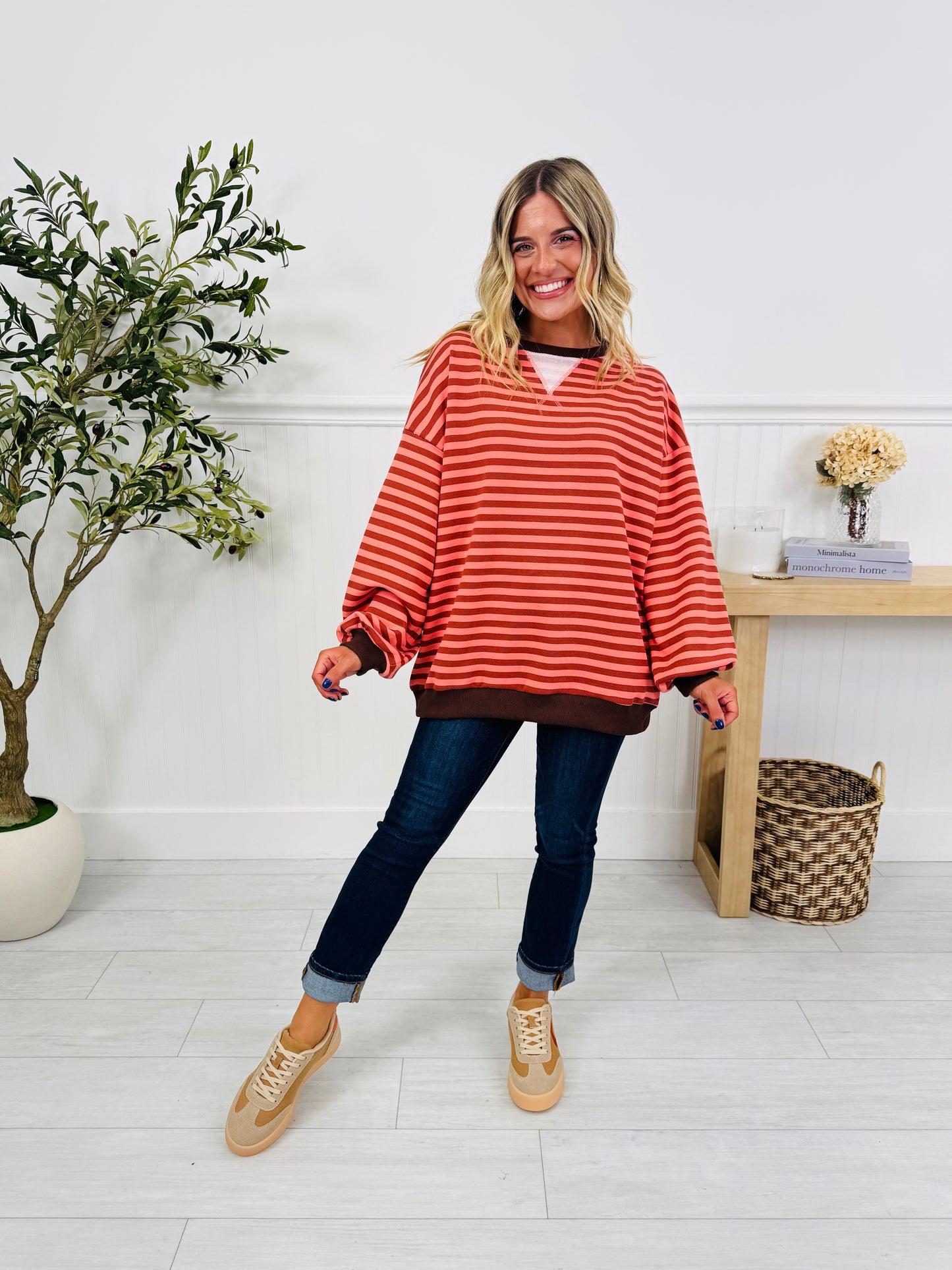 Stripe Story Pullover in Rust