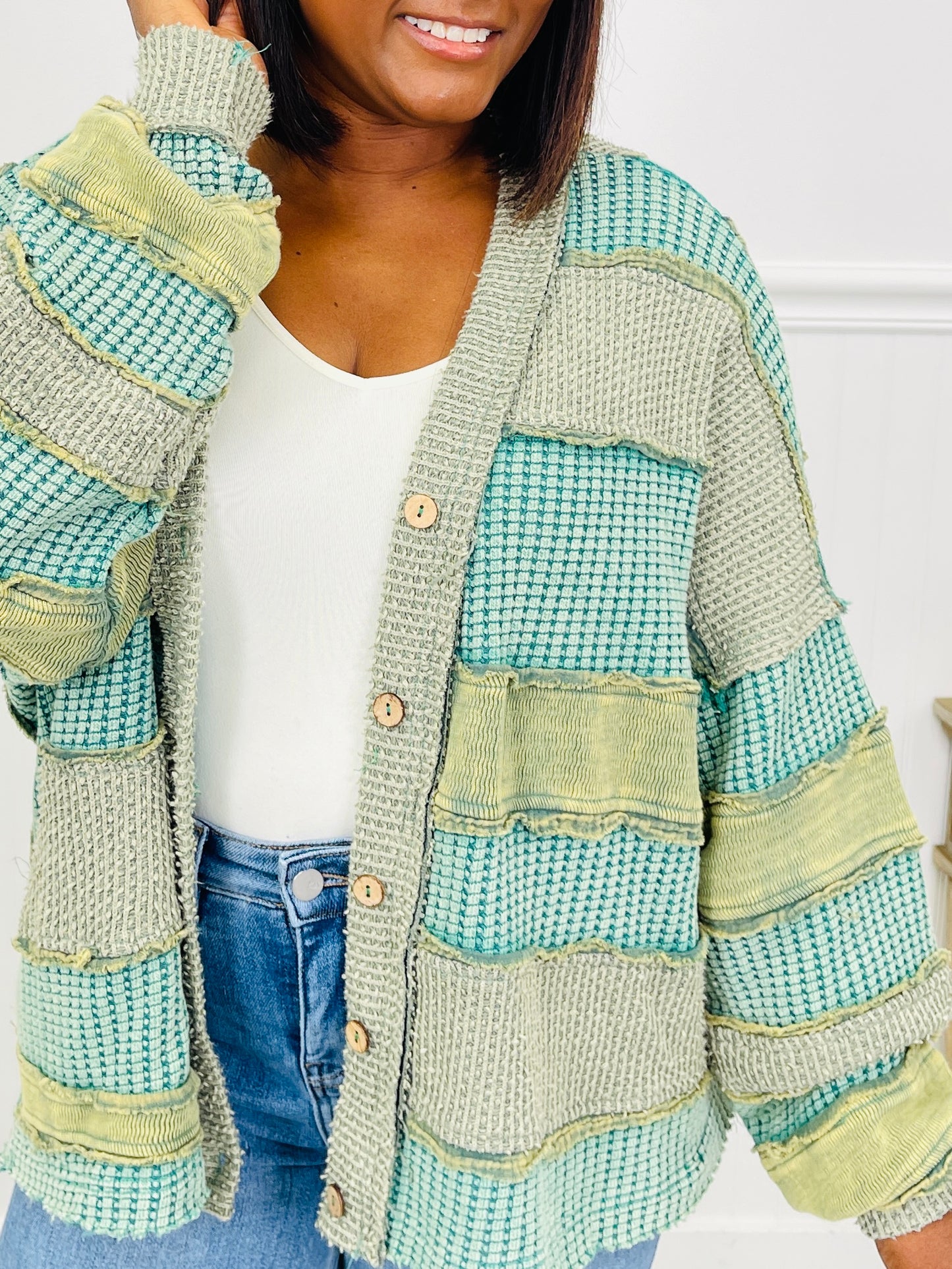 Gathered Stripes Cardigan in Green Combo