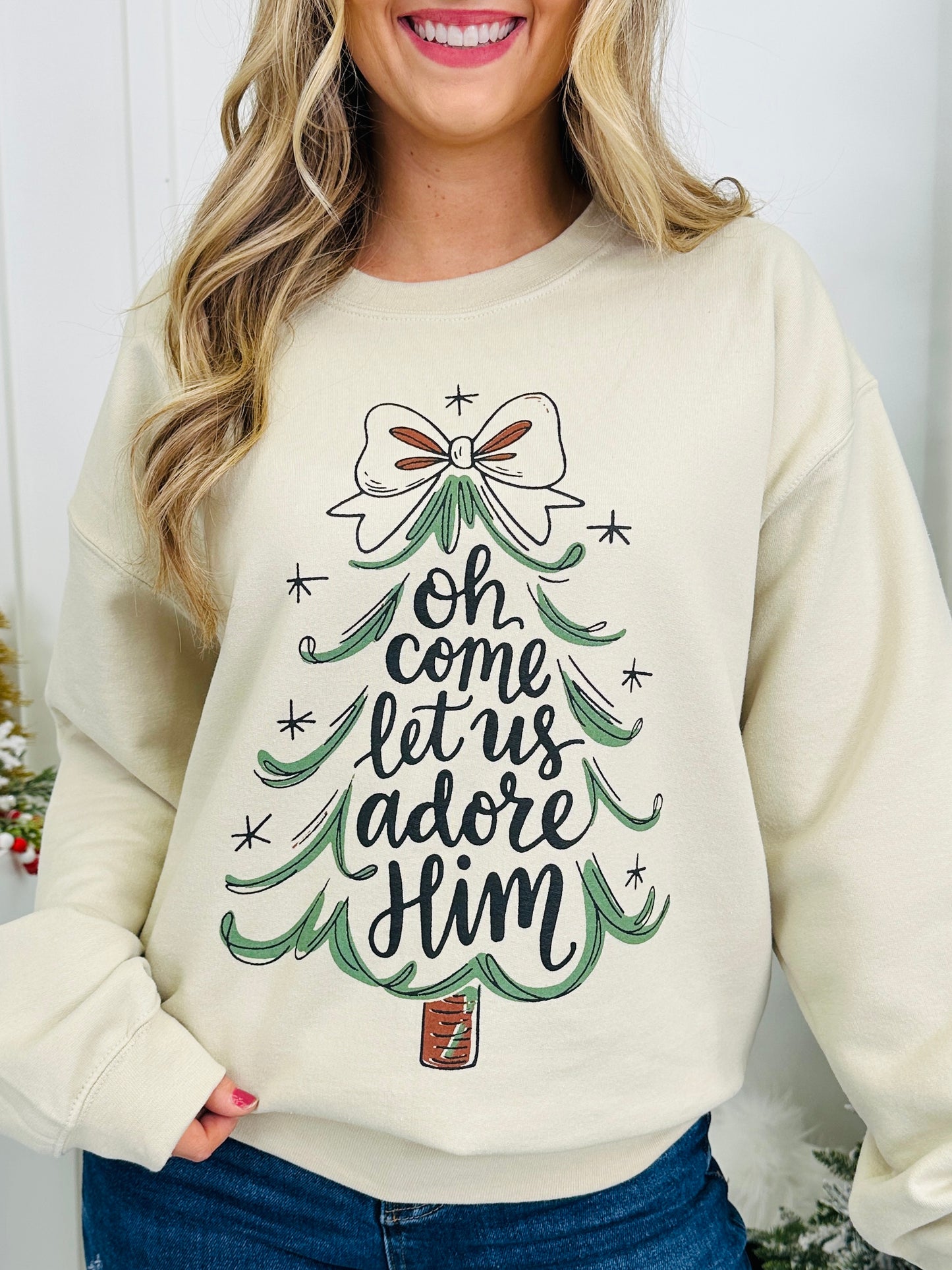 Oh Come Let Us Adore Him Graphic Crewneck Sweatshirt