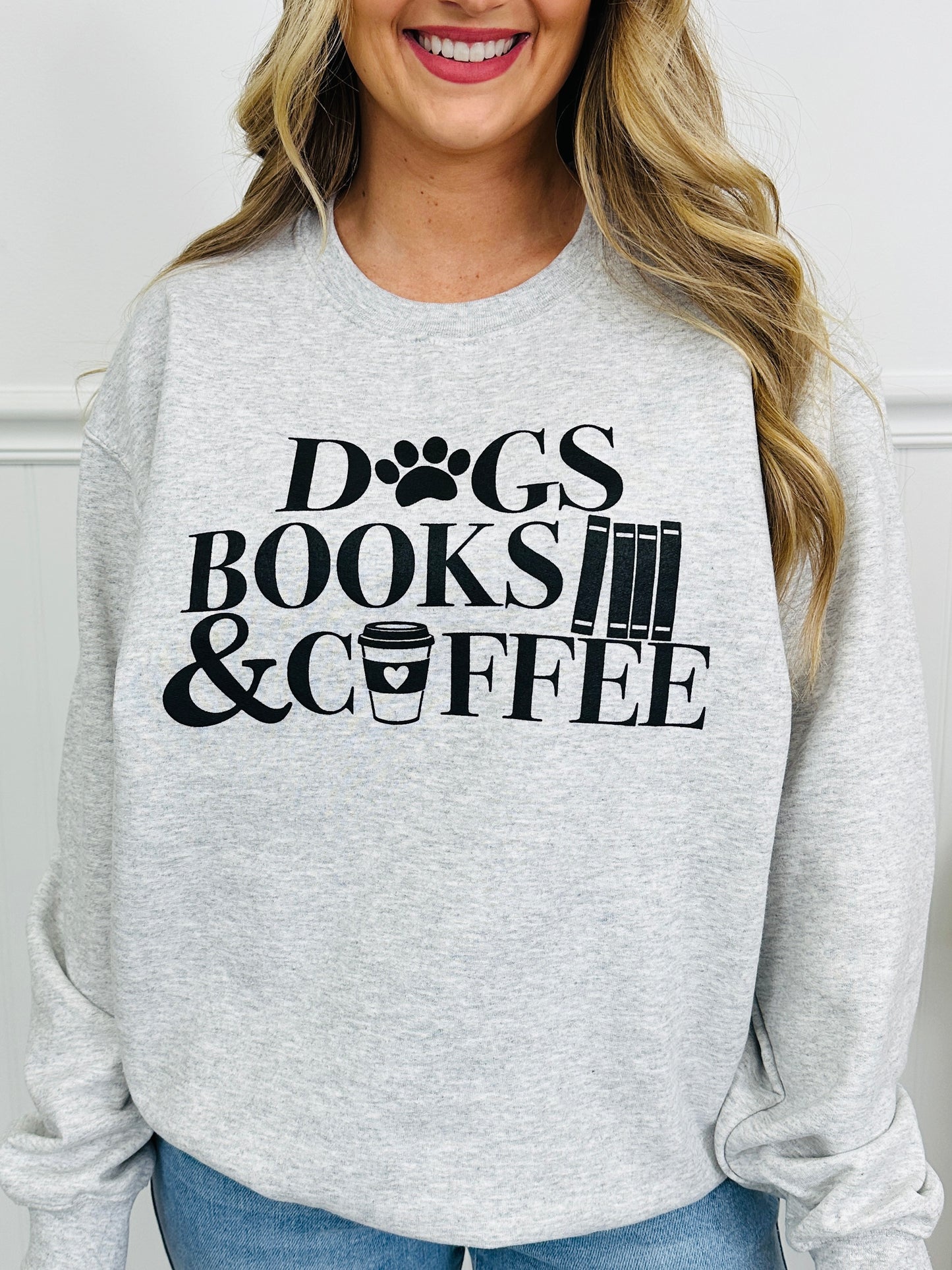 Dogs Books & Coffee Graphic Crewneck Sweatshirt