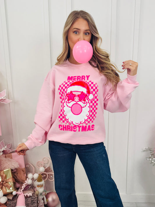 Merry Christmas Checkered Bubblegum Graphic Crewneck Sweatshirt