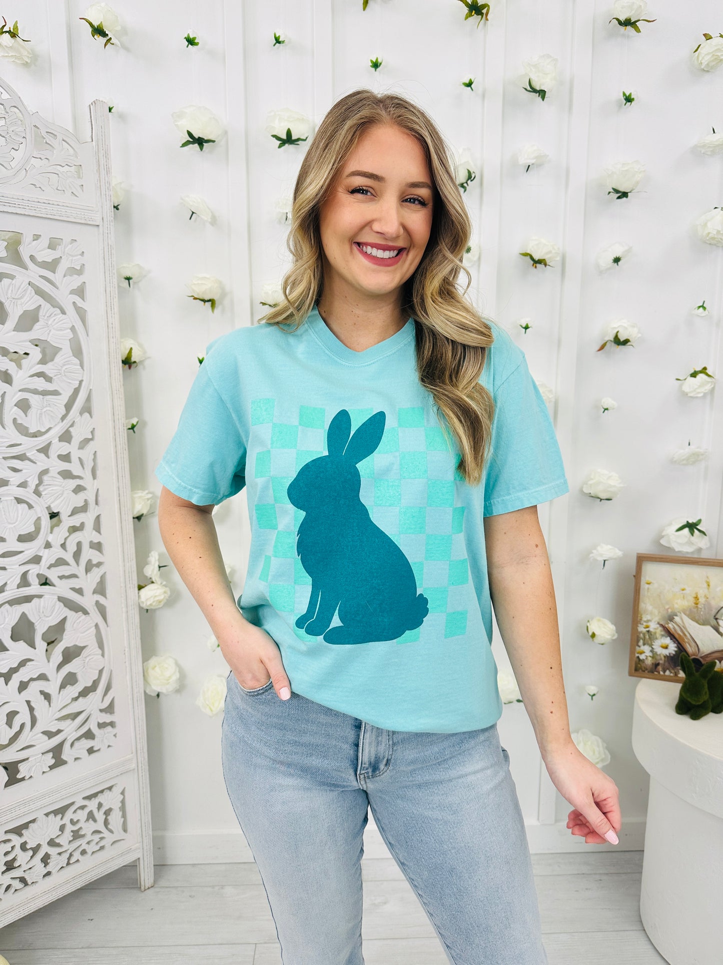 Checkered Bunny Graphic Tee-Multiple Colors