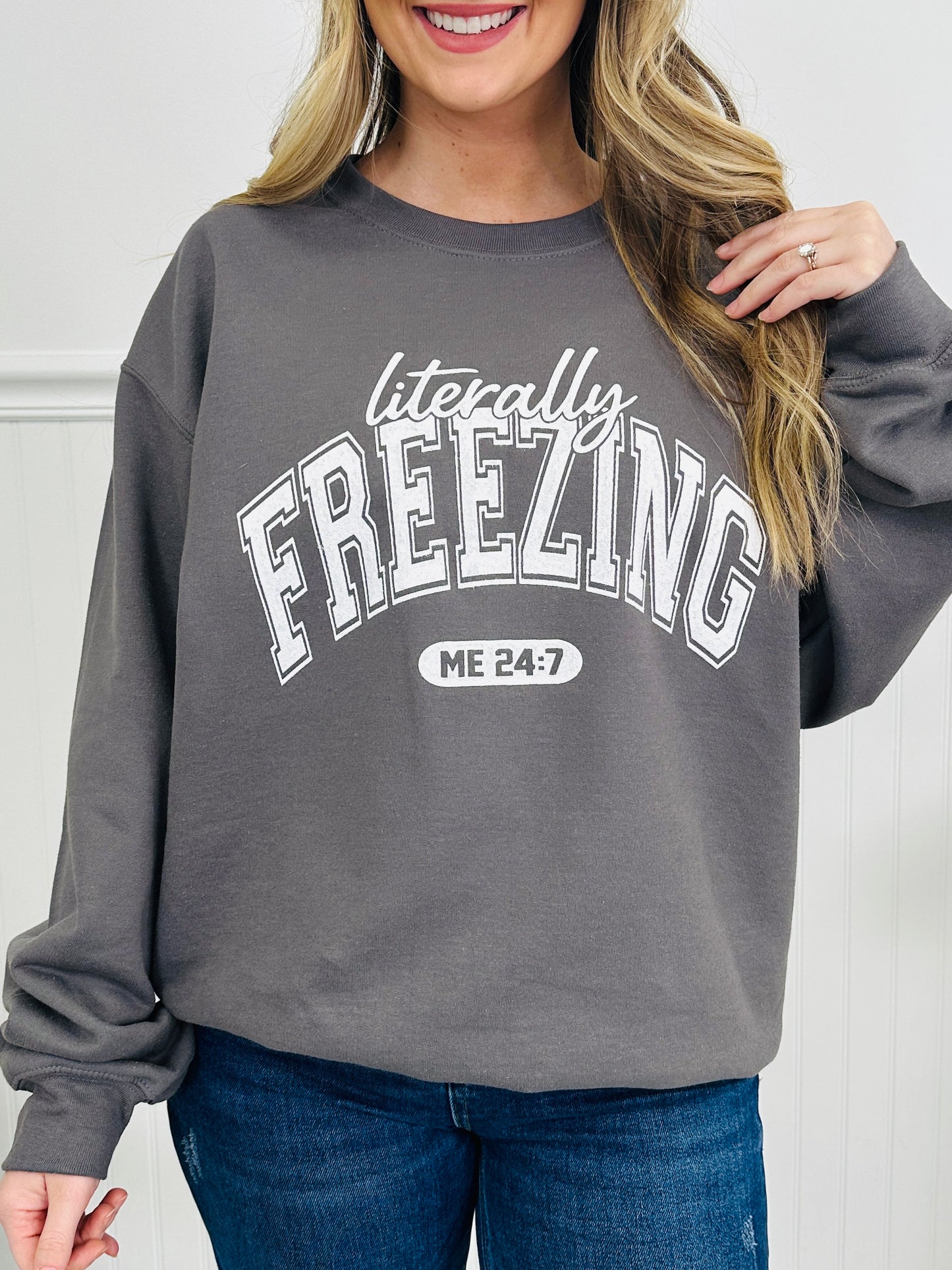 Literally Freezing Graphic Crewneck Sweatshirt In Charcoal