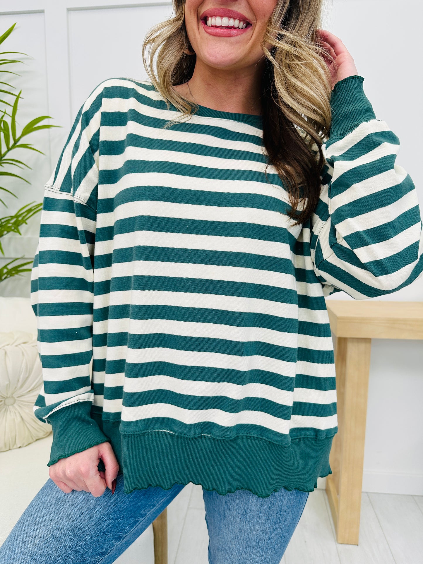 Stripe Up Your Life Pullover In Hunter Green