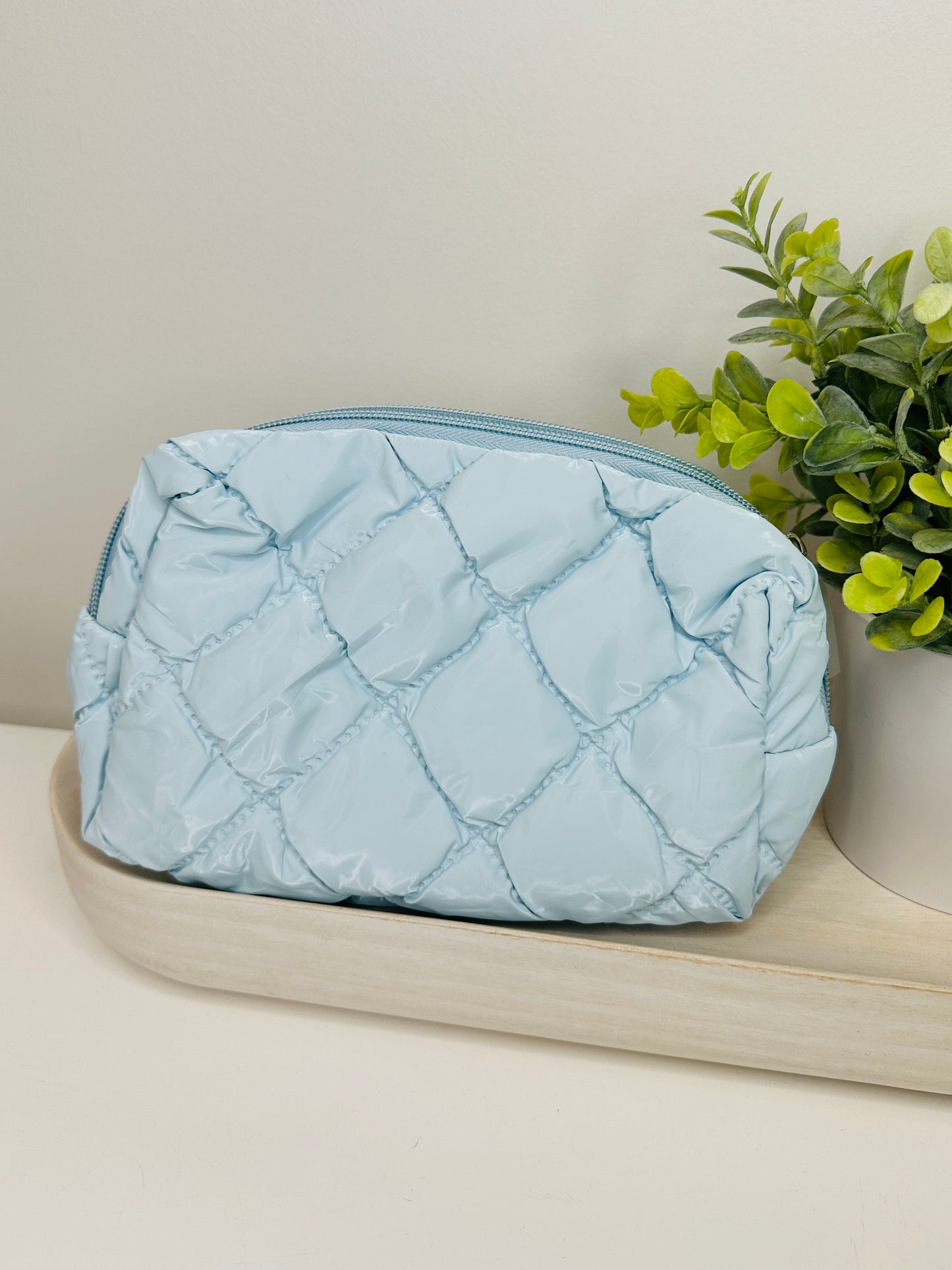 Sky Blue Quilted Makeup Bag Set