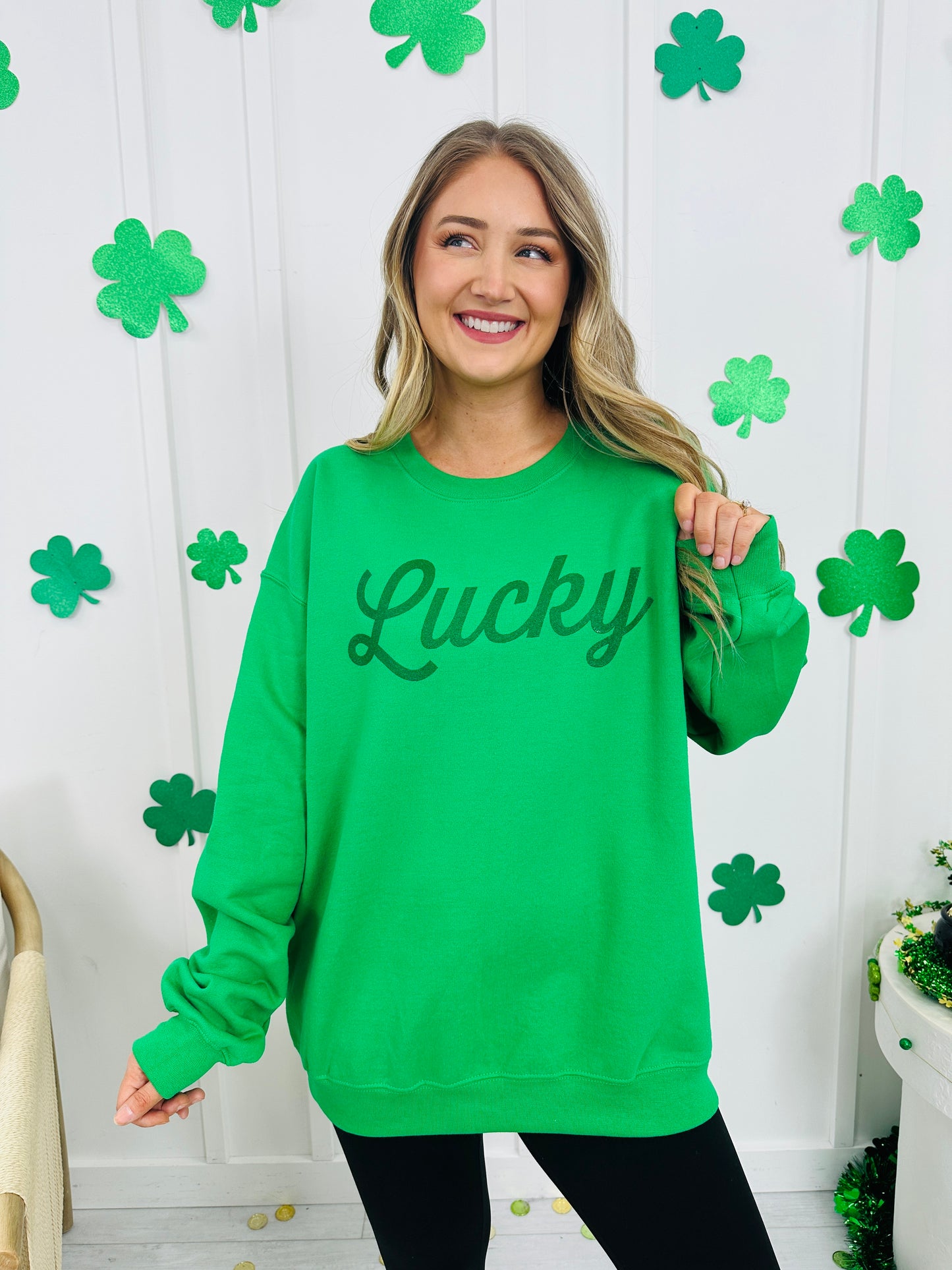 Green Glitter Lucky Crewneck Sweatshirt