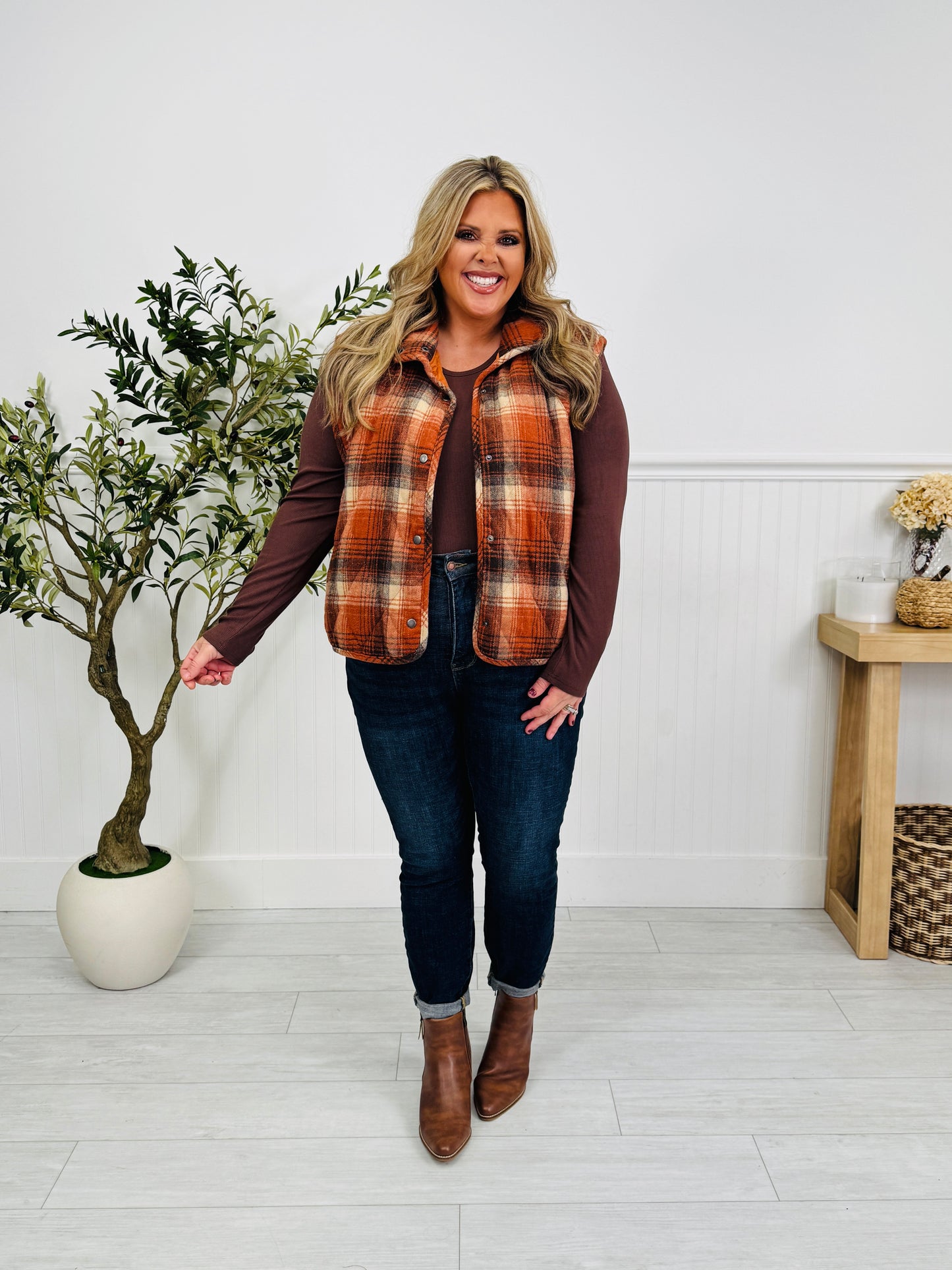 Pretty In Plaid Vest In Rust