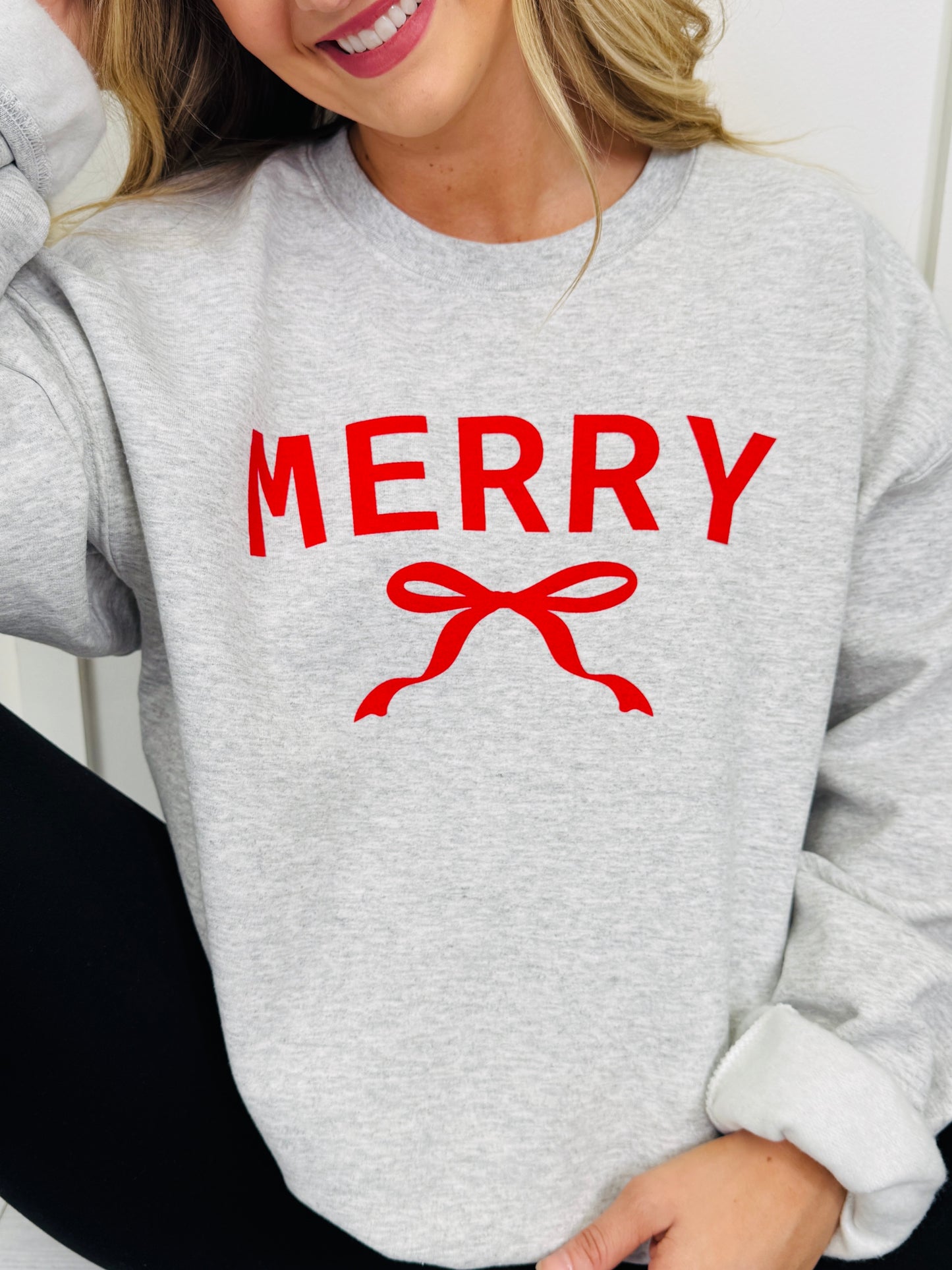 Merry With Ribbon Graphic Crewneck Sweatshirt