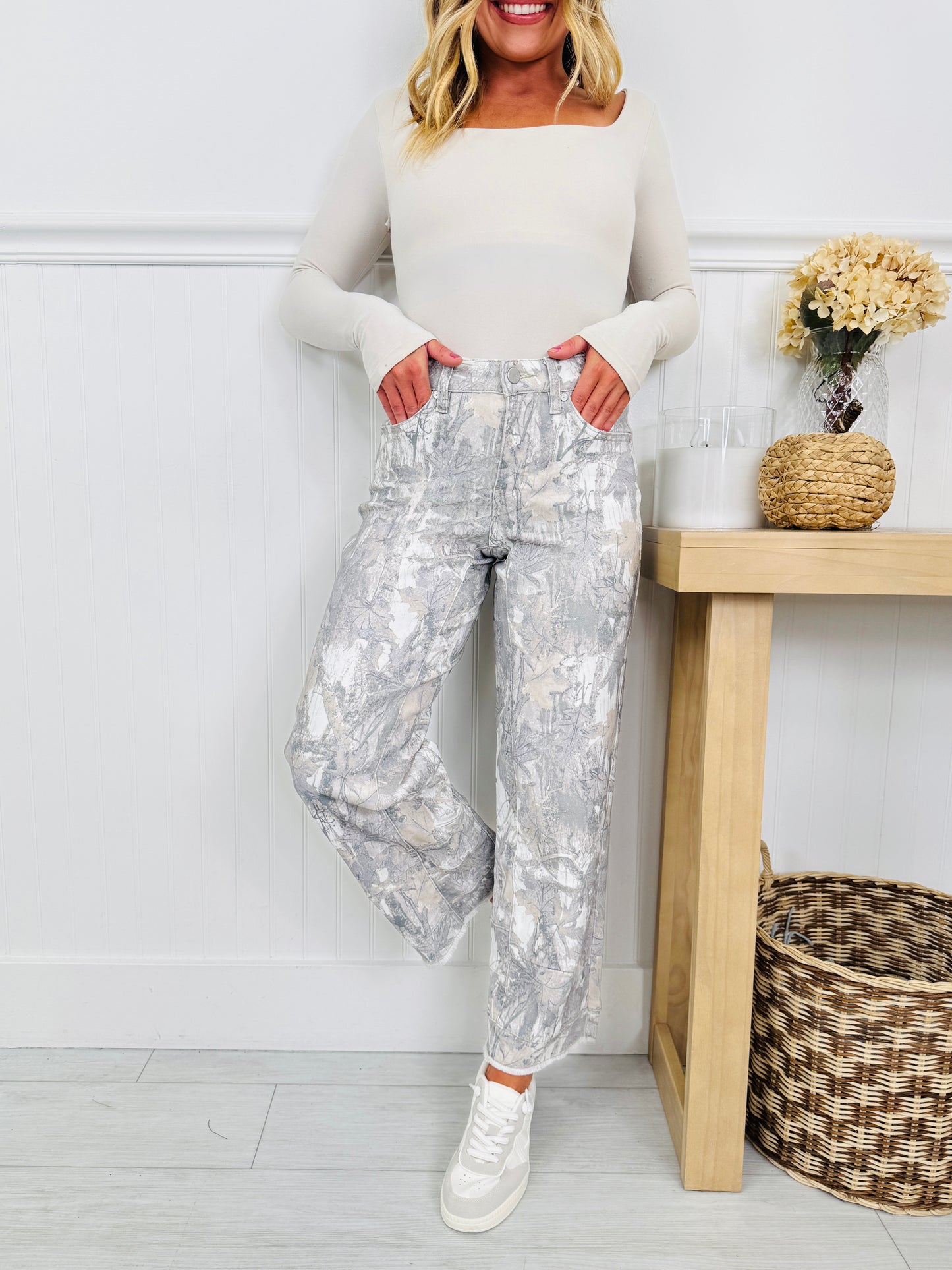 Keep It Camo Tummy Control Barrel Jeans