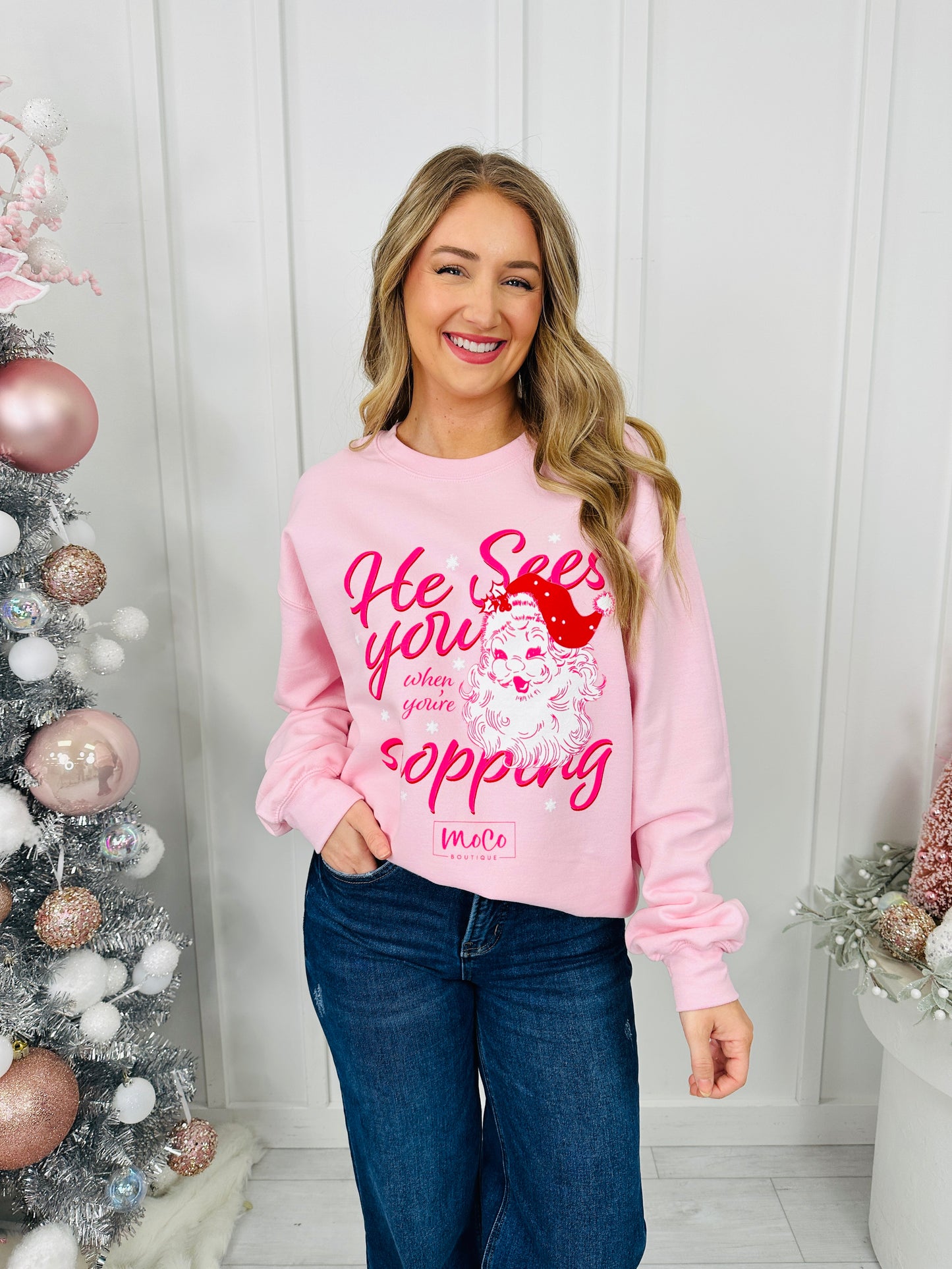 He Sees You Shopping Graphic Crewneck Sweatshirt