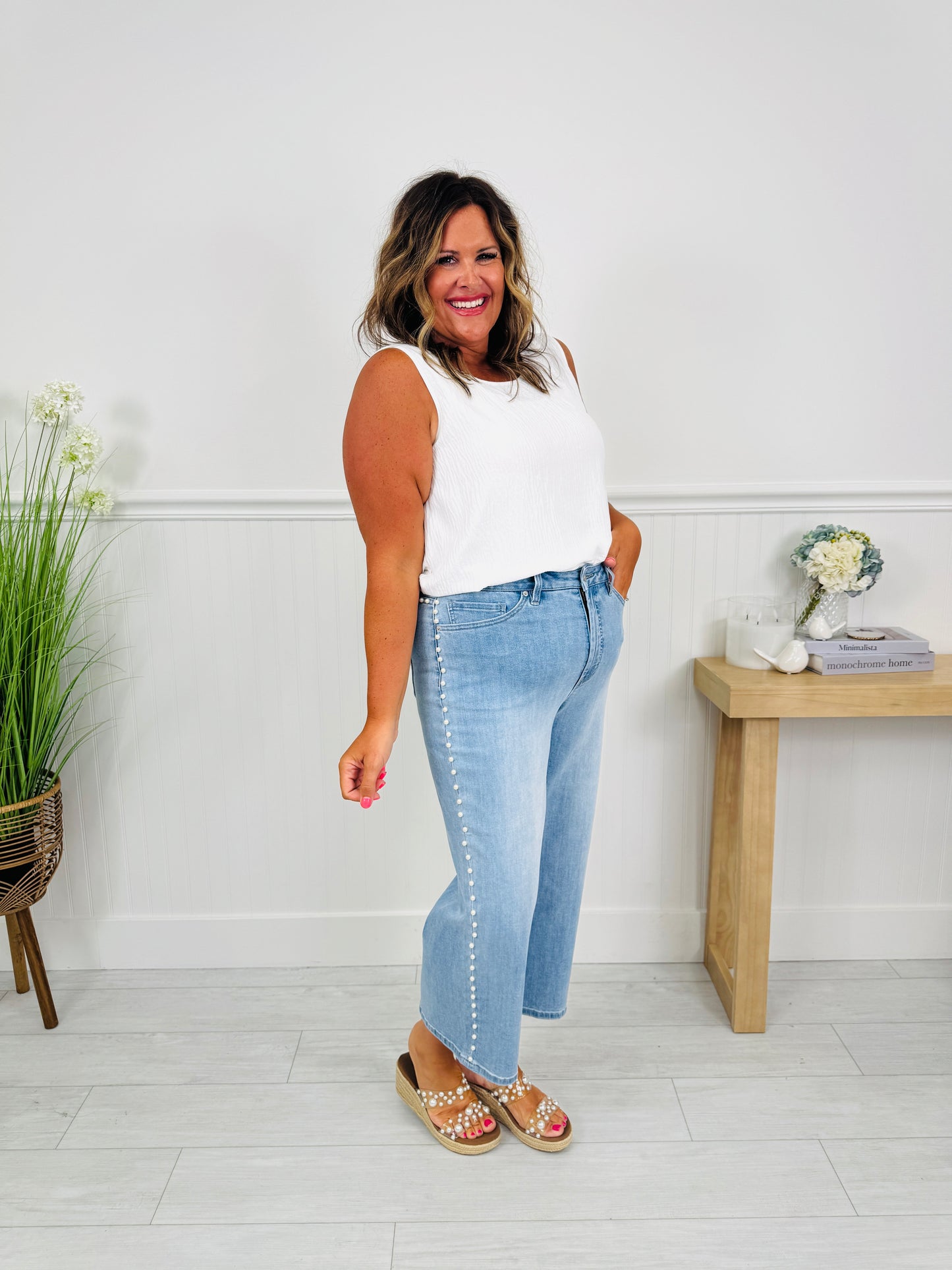 Pearl Pop Cropped Wide Leg Tummy Control Jeans