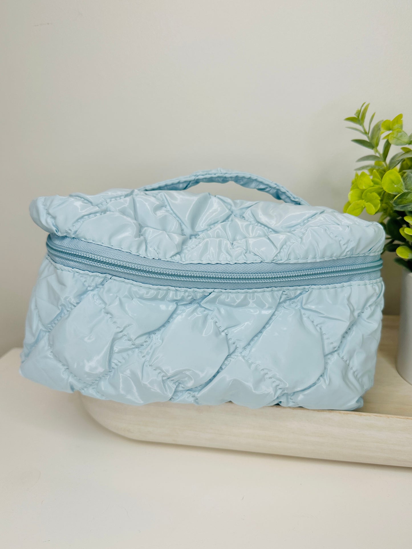 Sky Blue Quilted Makeup Bag Set